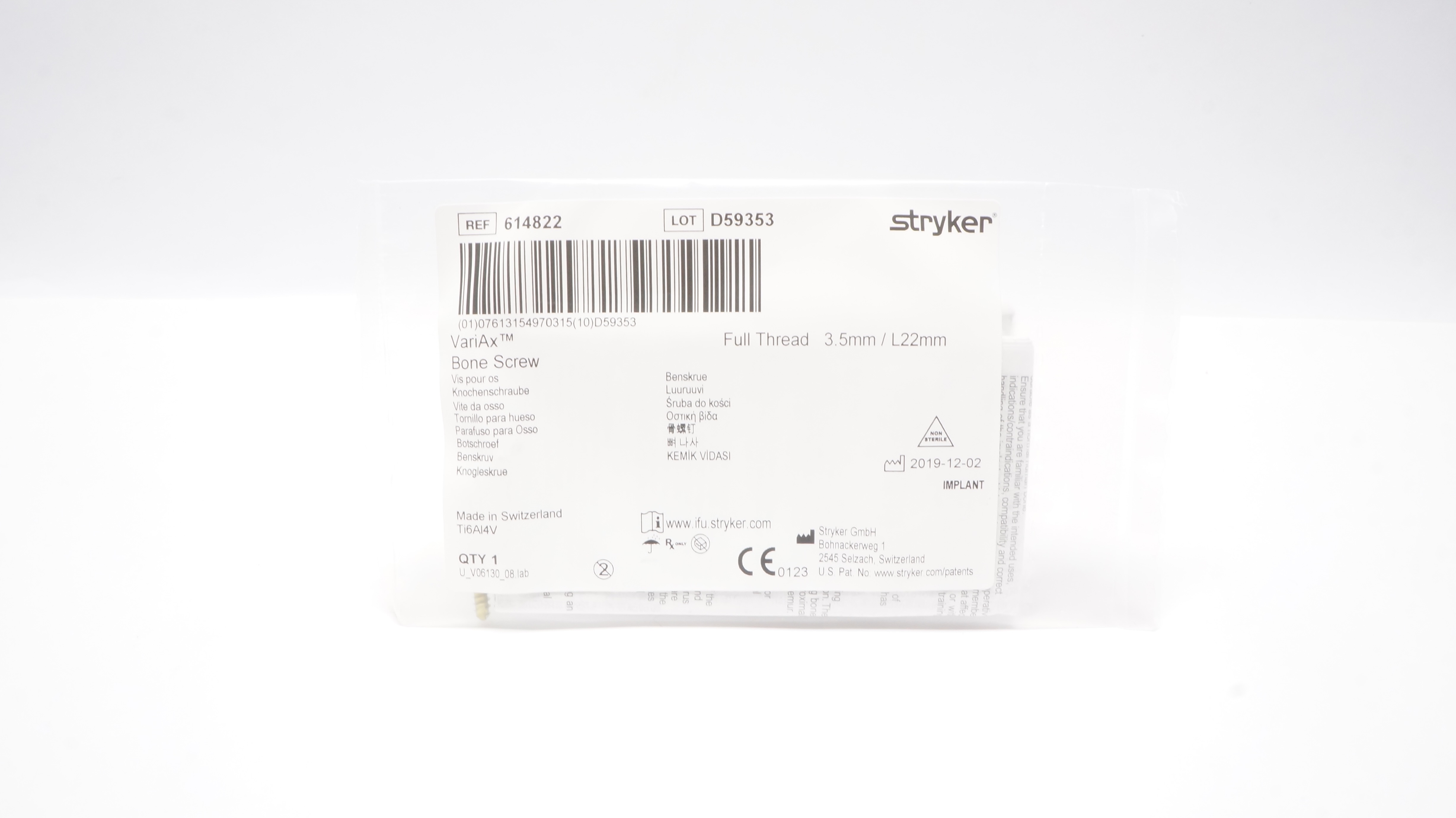 Stryker 614822 VariAx Bone Screw, Full Thread 3.5mm/ L22mm