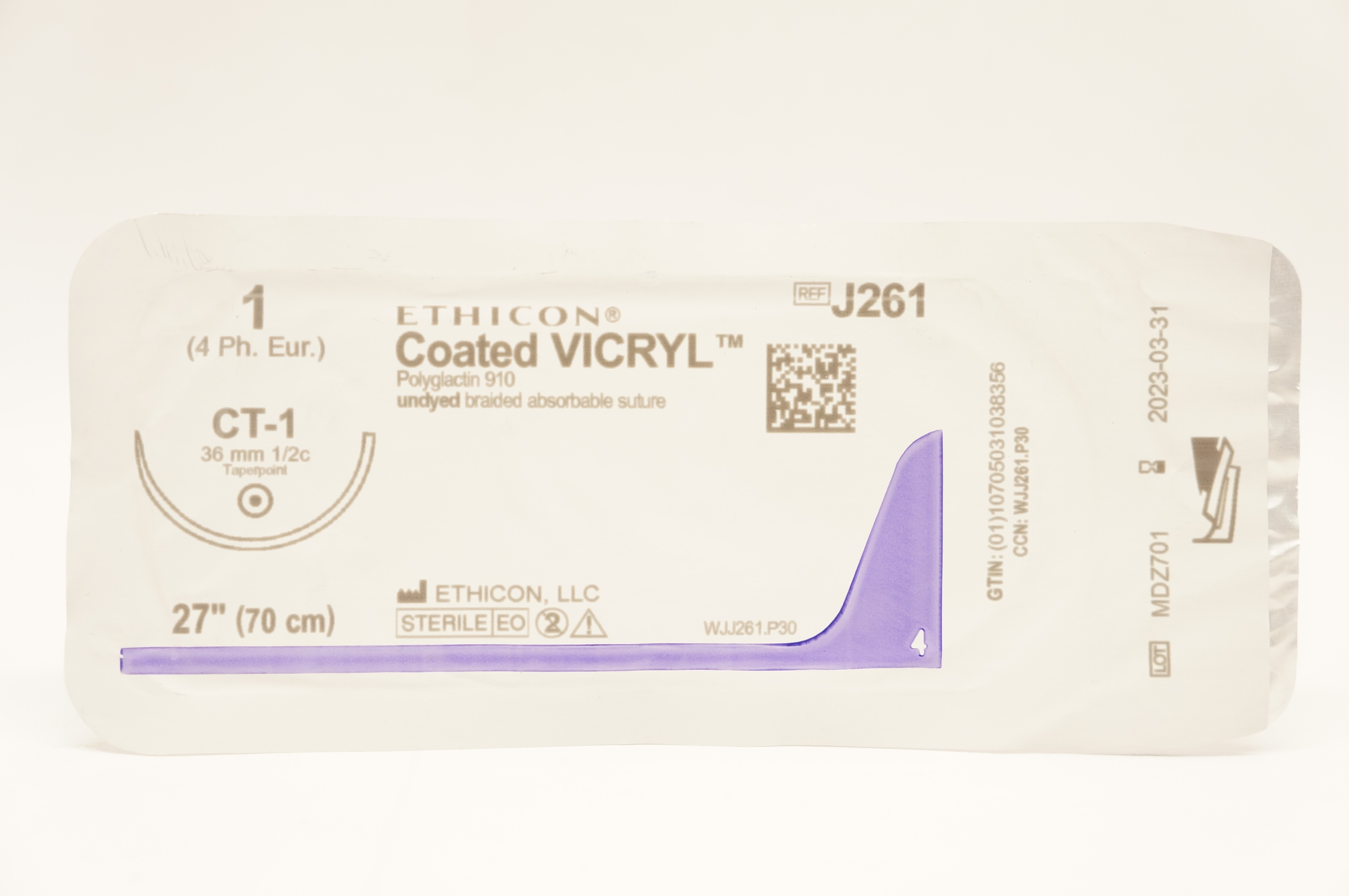 Ethicon J261 1 Coated VICRYL Stre, CT-1 36mm 1/2c Taperpoint, 27inch