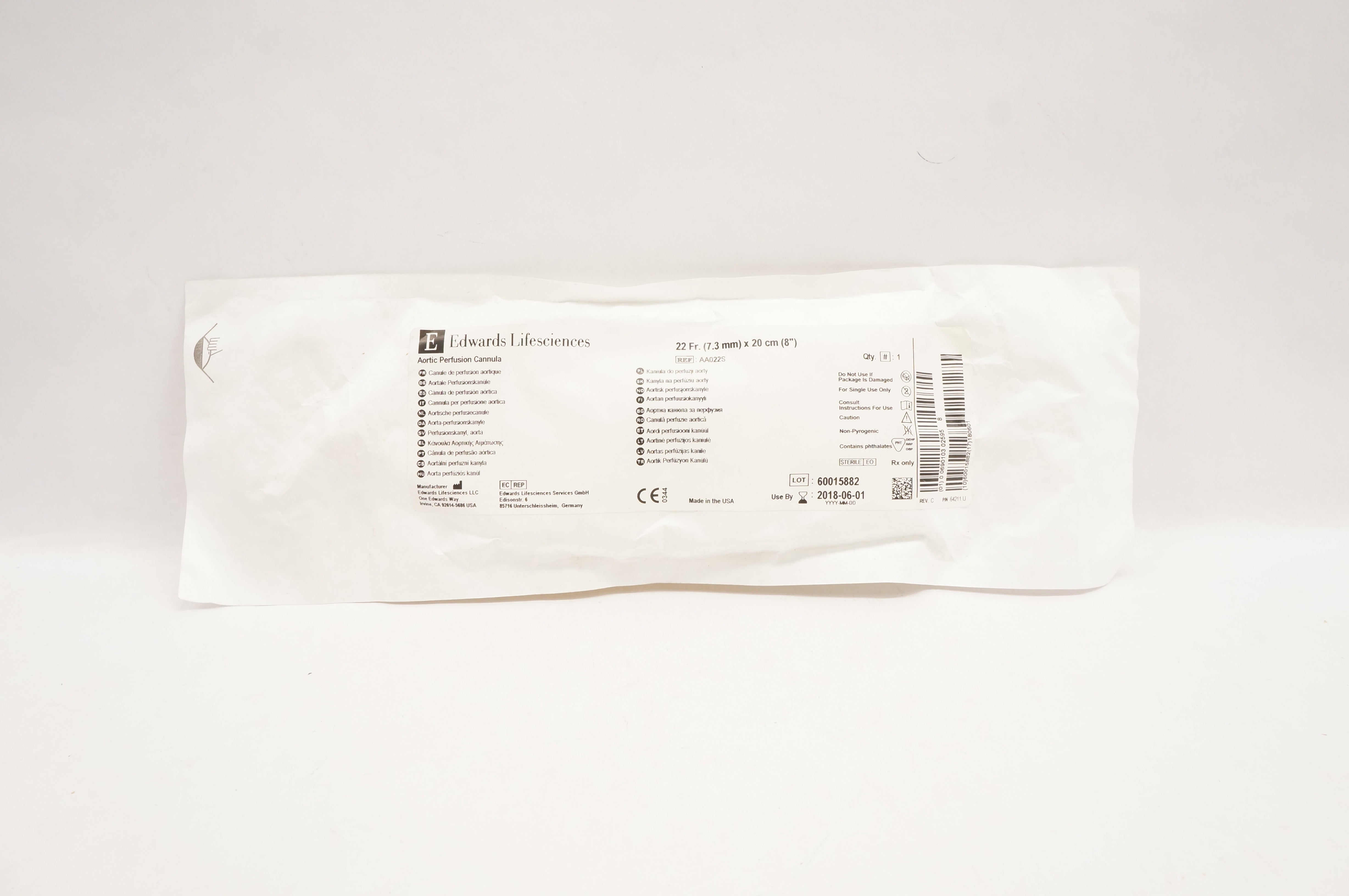 Edwards Lifesciences AA022S Aortic Perfusion Cannula 22Fr x 8inch (x)