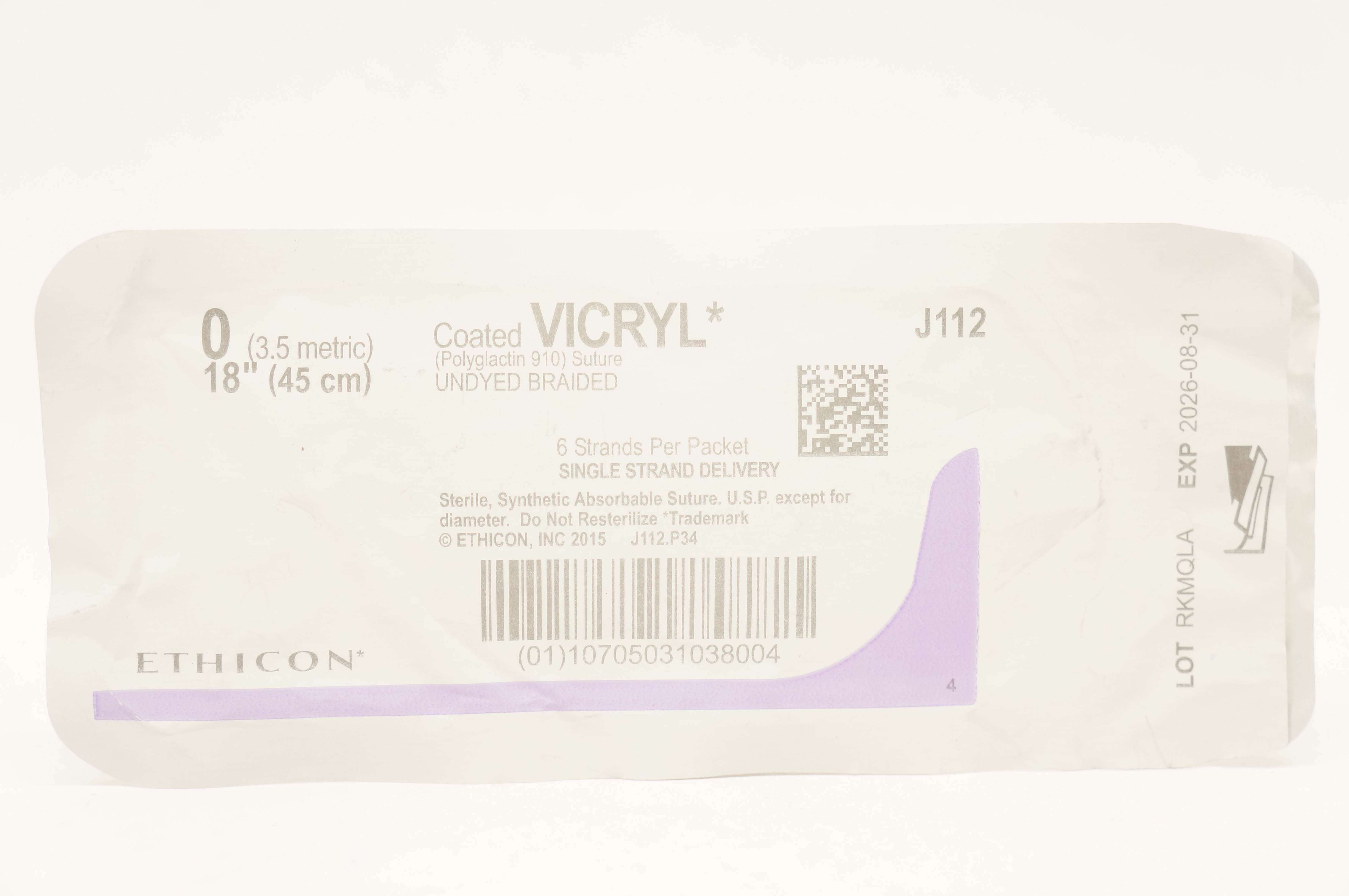 Ethicon J112 0 Coated VICRYL Stre Undyed Braided 18inch