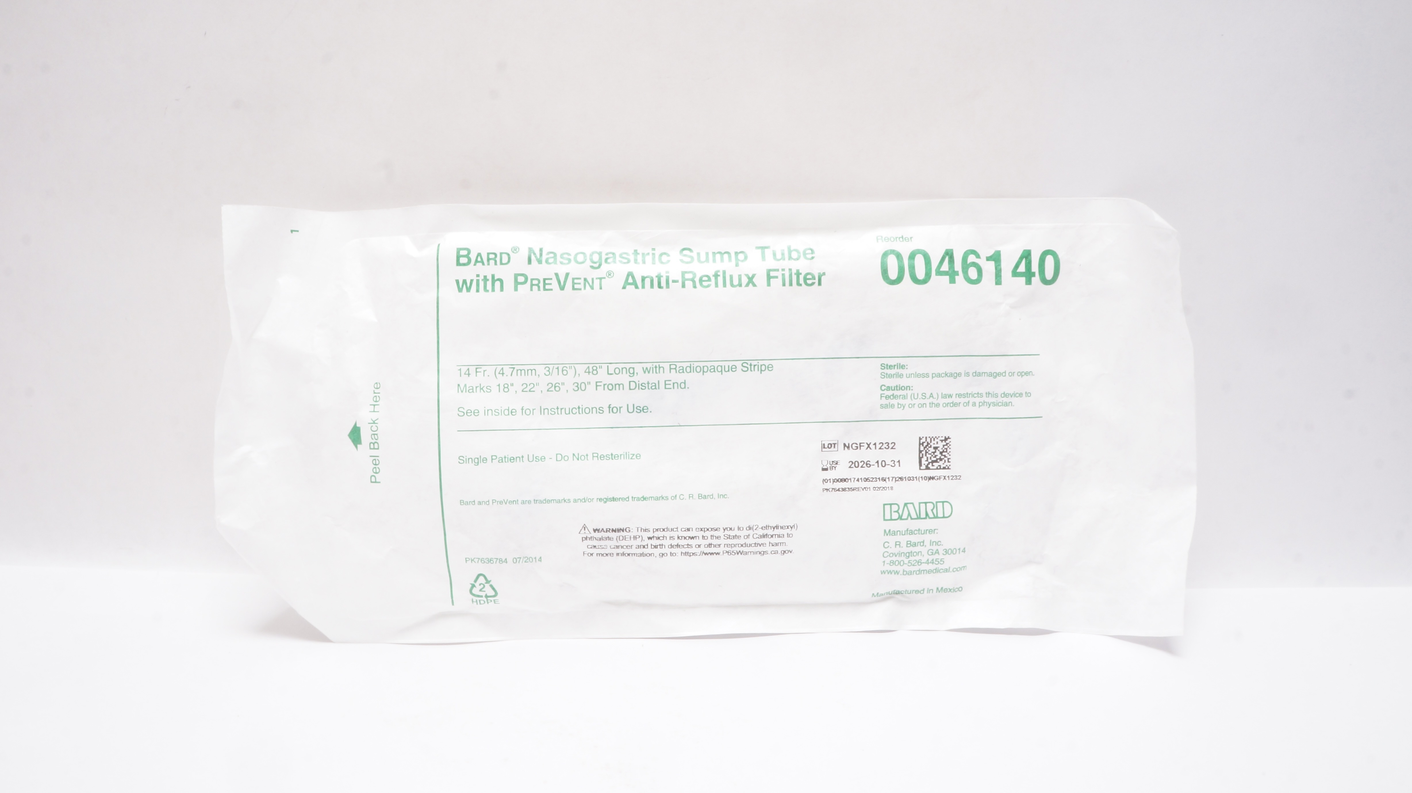 Bard 0046140 Nasogastric Sump Tube with PreVent Anti-Reflux Filter 14Fr x 48inch