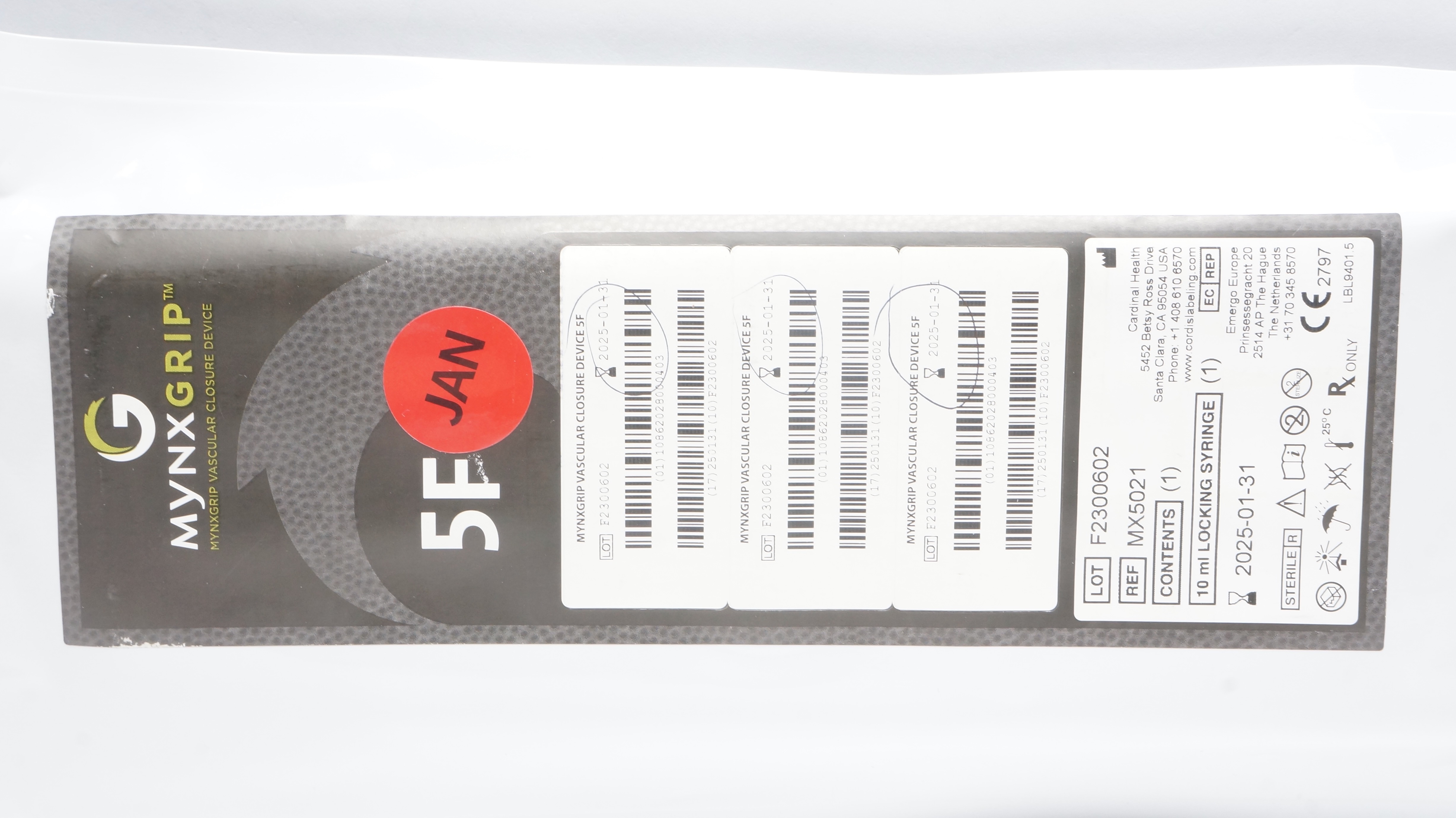 Cardinal Health MX5021 Mynxgrip Vascular Closure Device 5F, Syringe 10ml (x)
