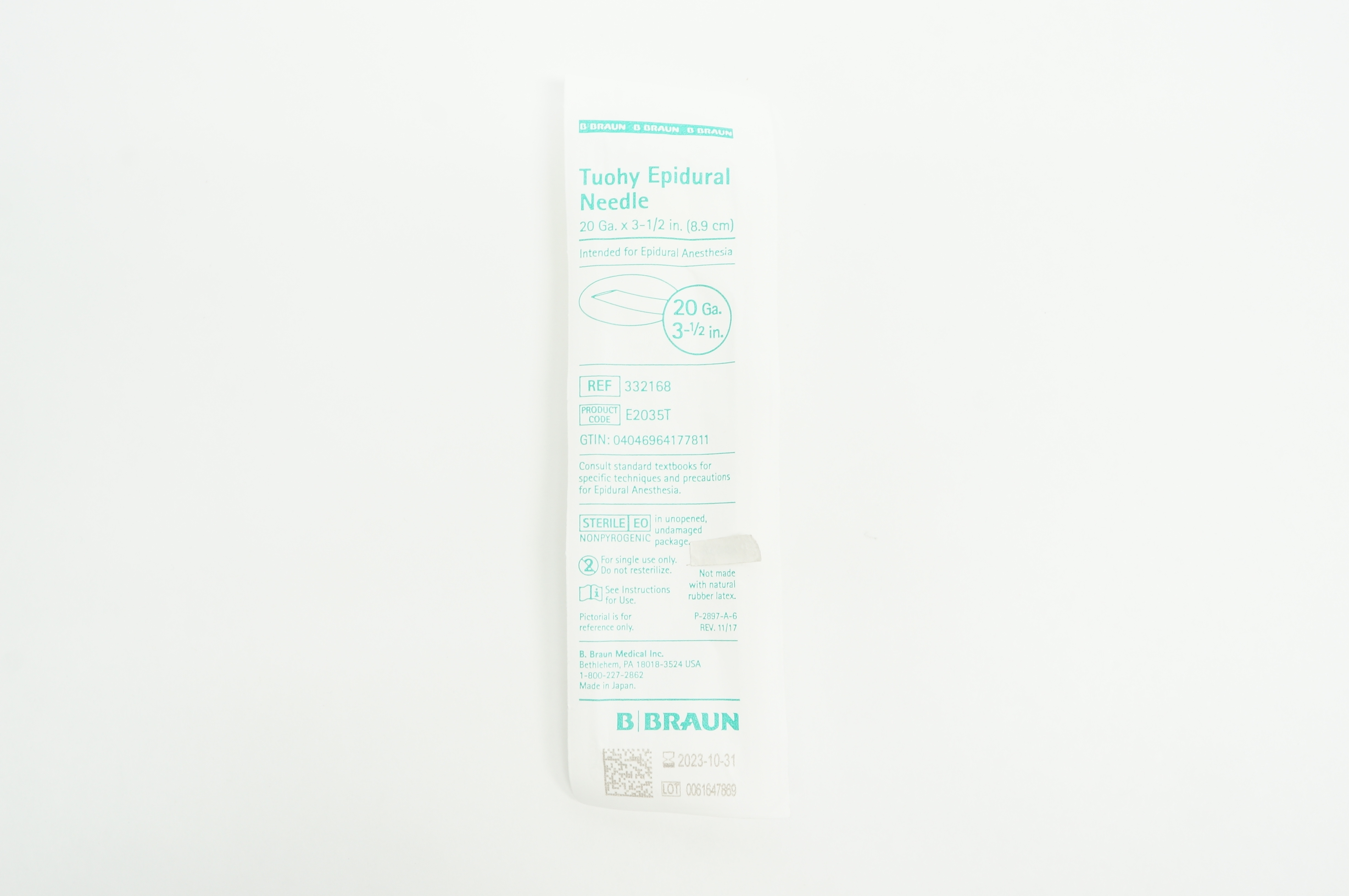 B.Braun 332168 Epidural Ndle Perifix Tuohy Style 20Ga x 3-1/2In