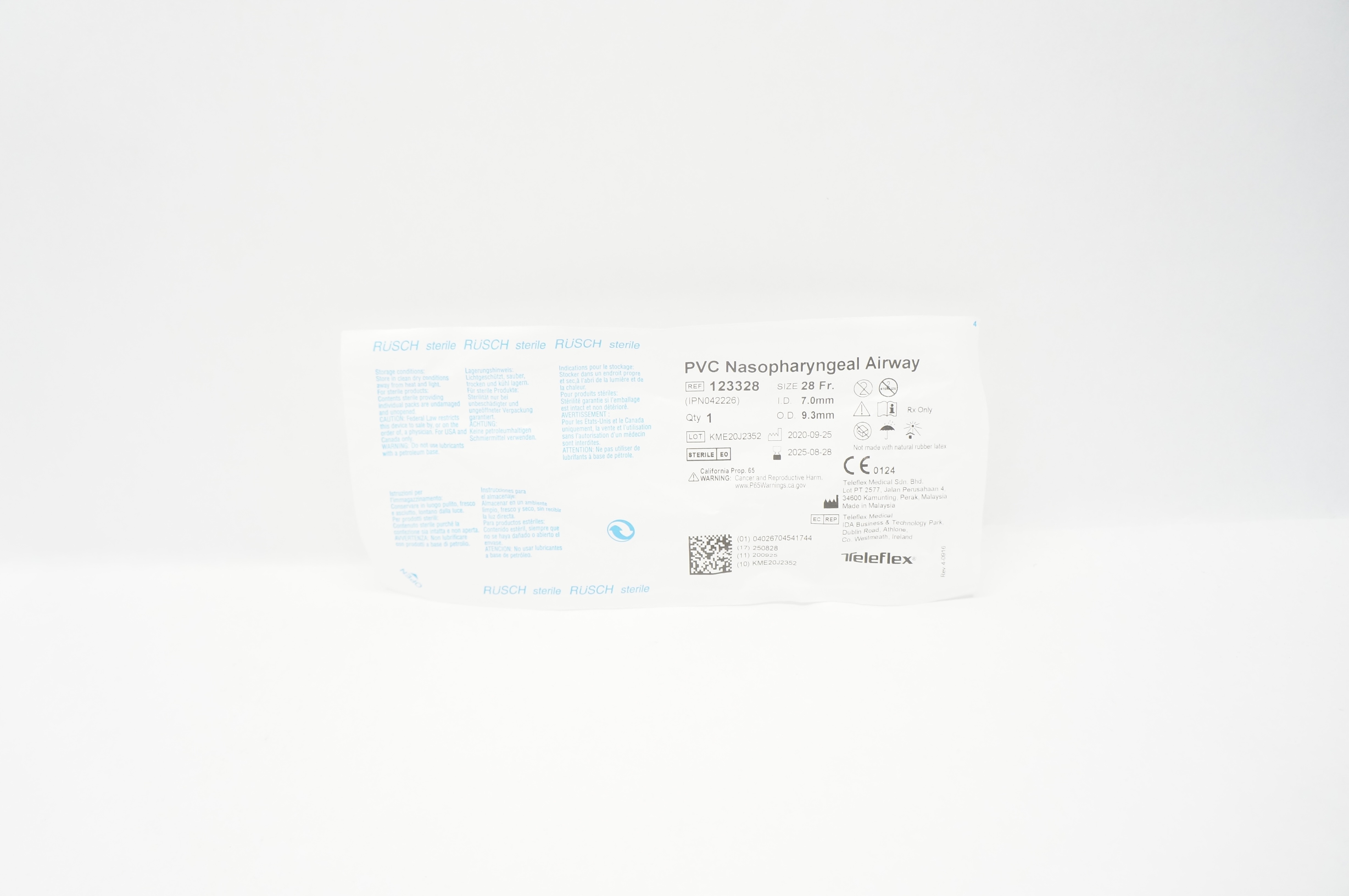 Teleflex 123328 RUSCH PVC Nasopharyngeal Airway 28Fr. x 7.0mm ID x 9.3mm OD