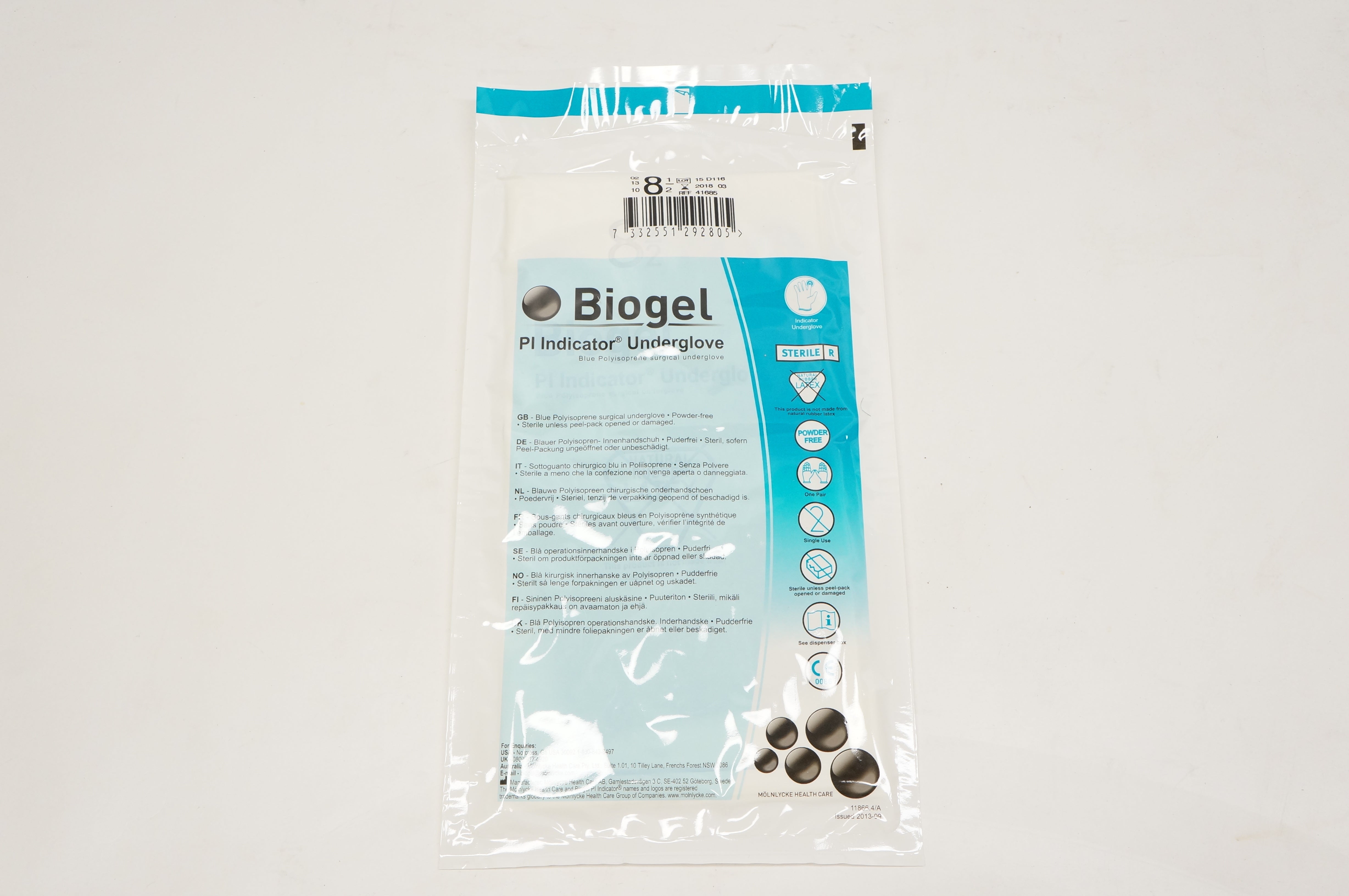 Molnlycke Health Care 41685 Biogel Pl Indicator Underglove, 8-1/2 (x)