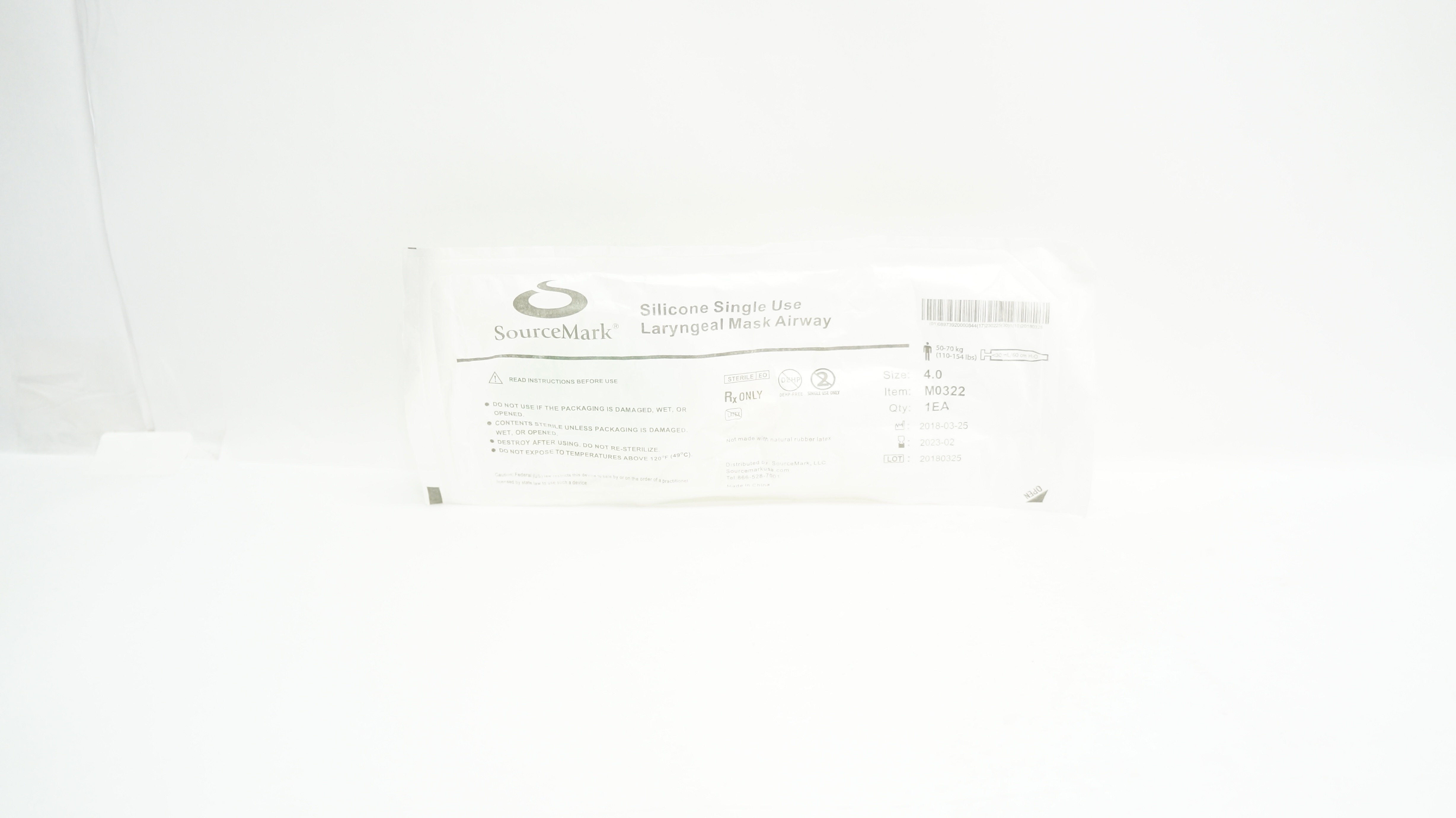 SourceMark M0322 Silicone Laryngeal Mask Airway Size 4, 110-154lbs <30ml/60cm(x)