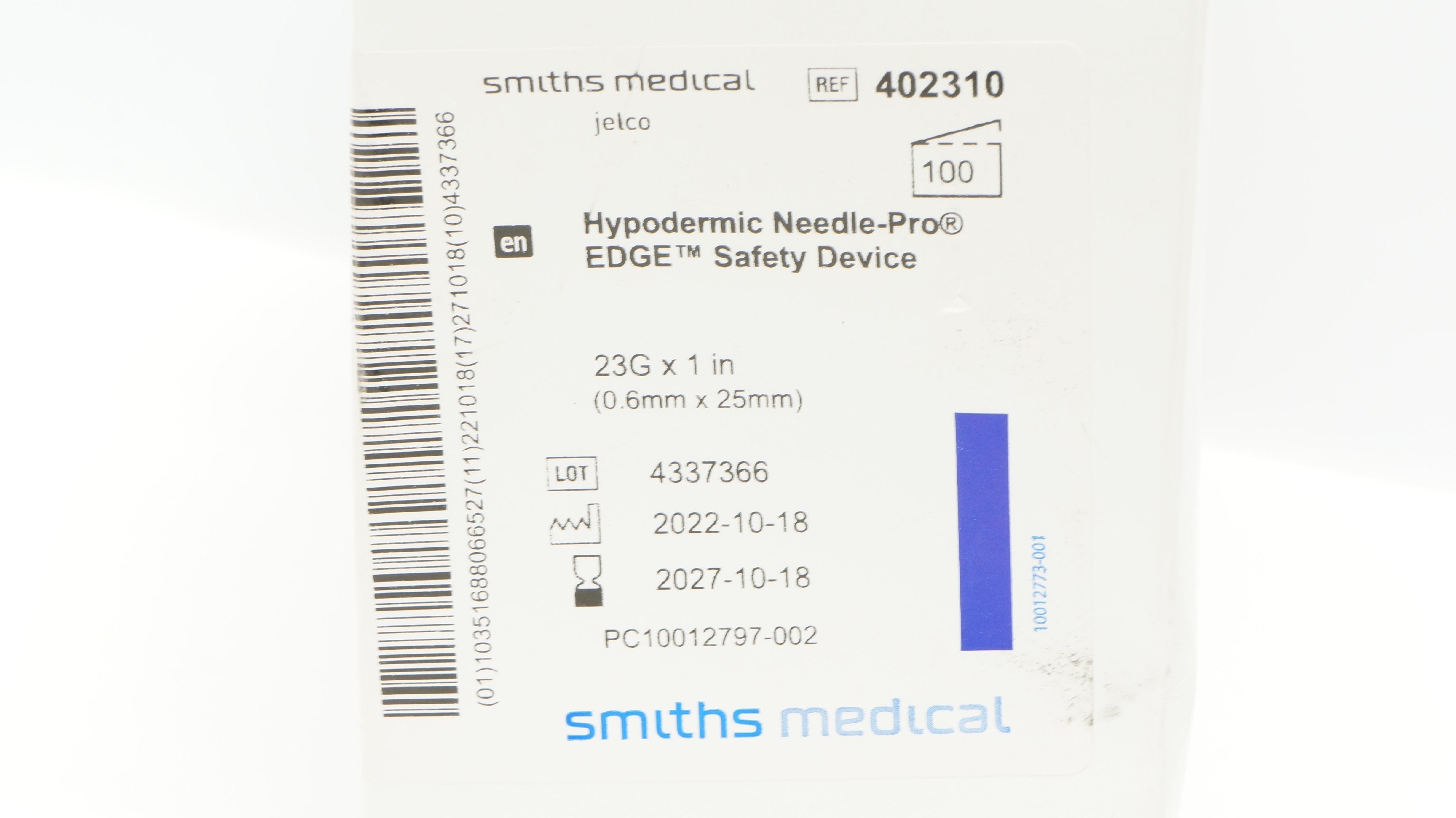 Smiths Medical 402310 Jelco Hypodermic Safety Device 23G x 1inch - Box of 100