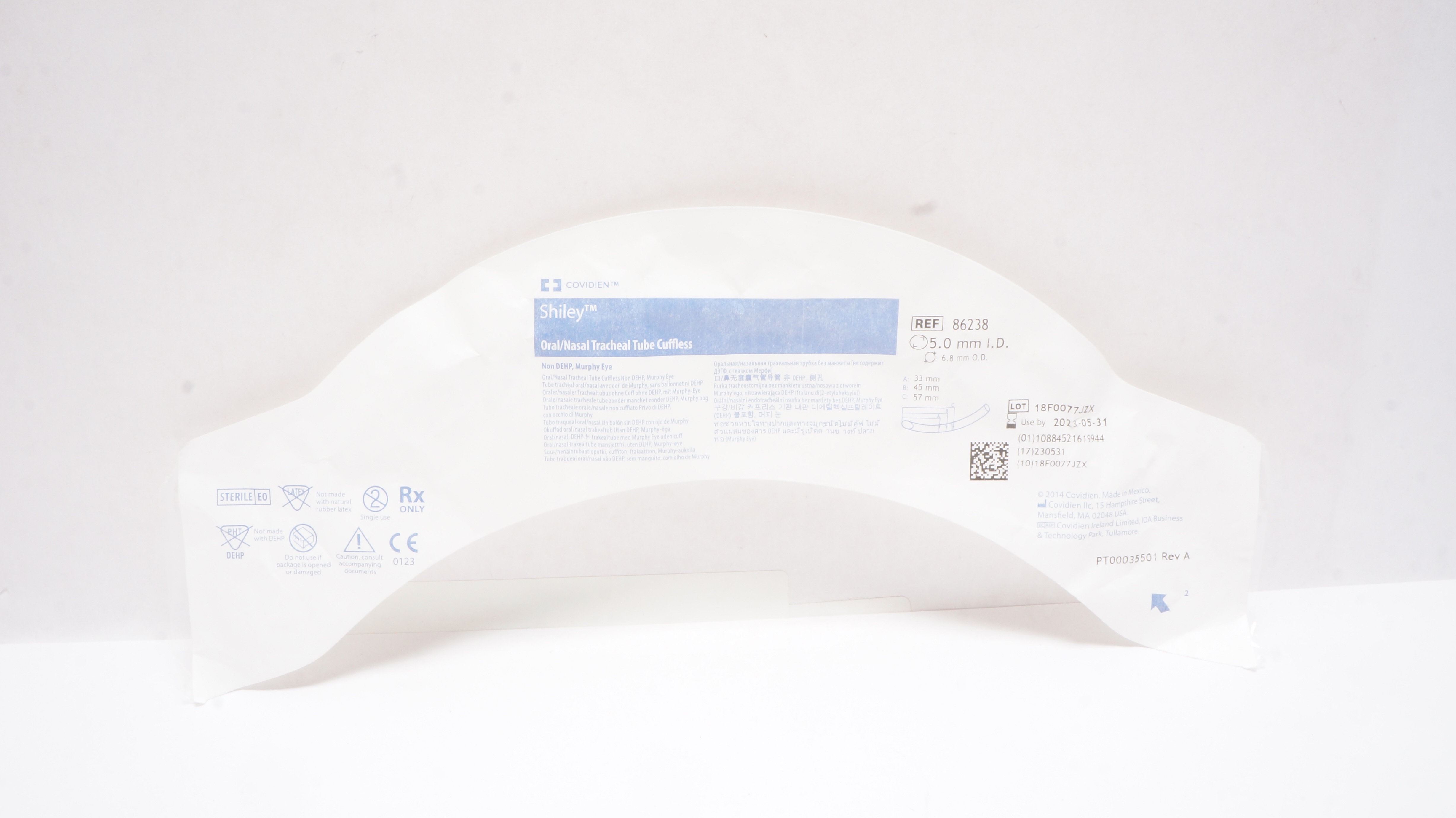 Covidien 86238 Shiley Oral/Nasal Tracheal Tube Cuffless 5.0mm ID x 6.8mm OD
