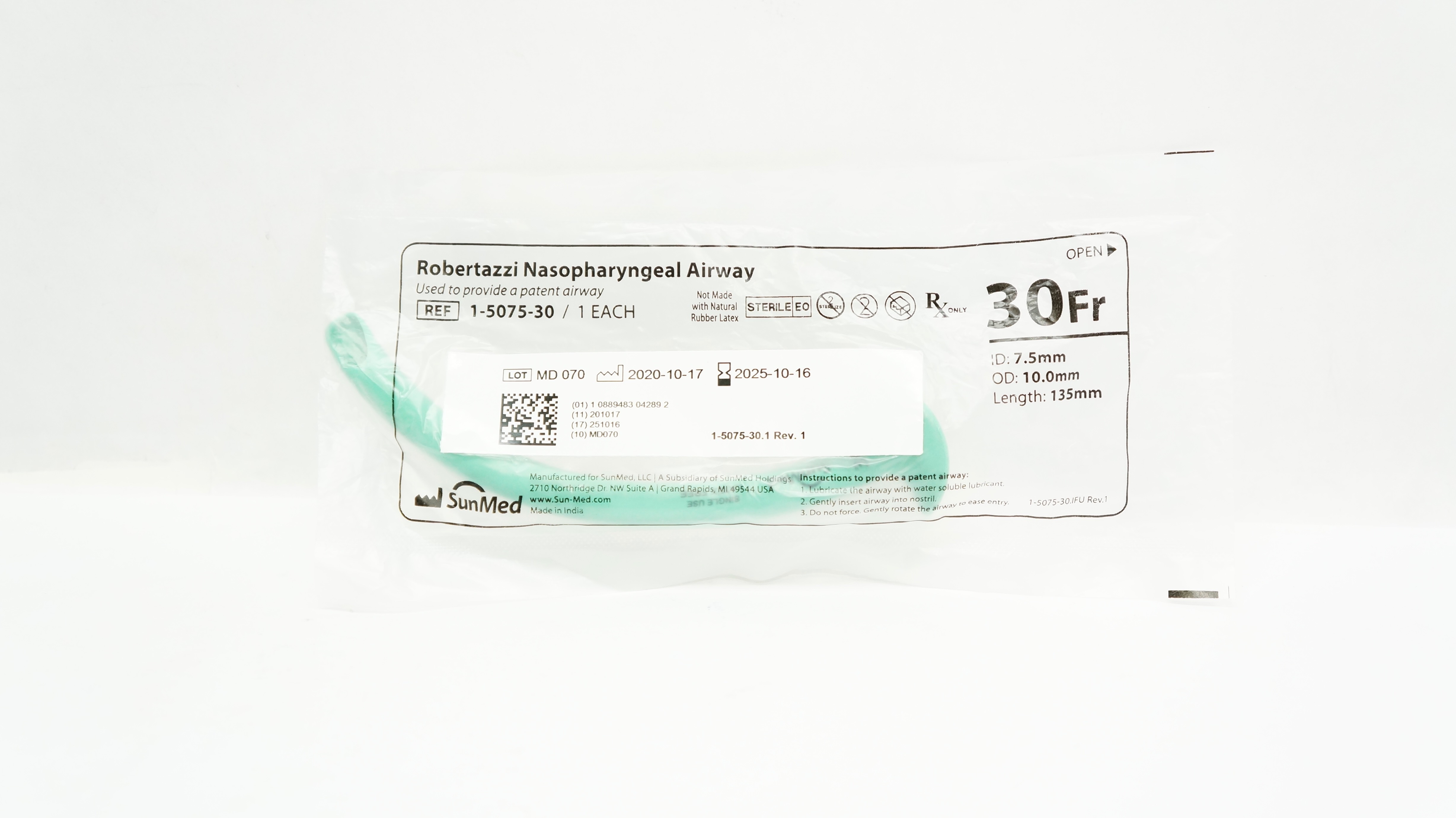SunMed 1-5075-30 Robertazzi Nasopharyngeal Airway 30Fr x 7.5ID x 10.0OD x 135mm