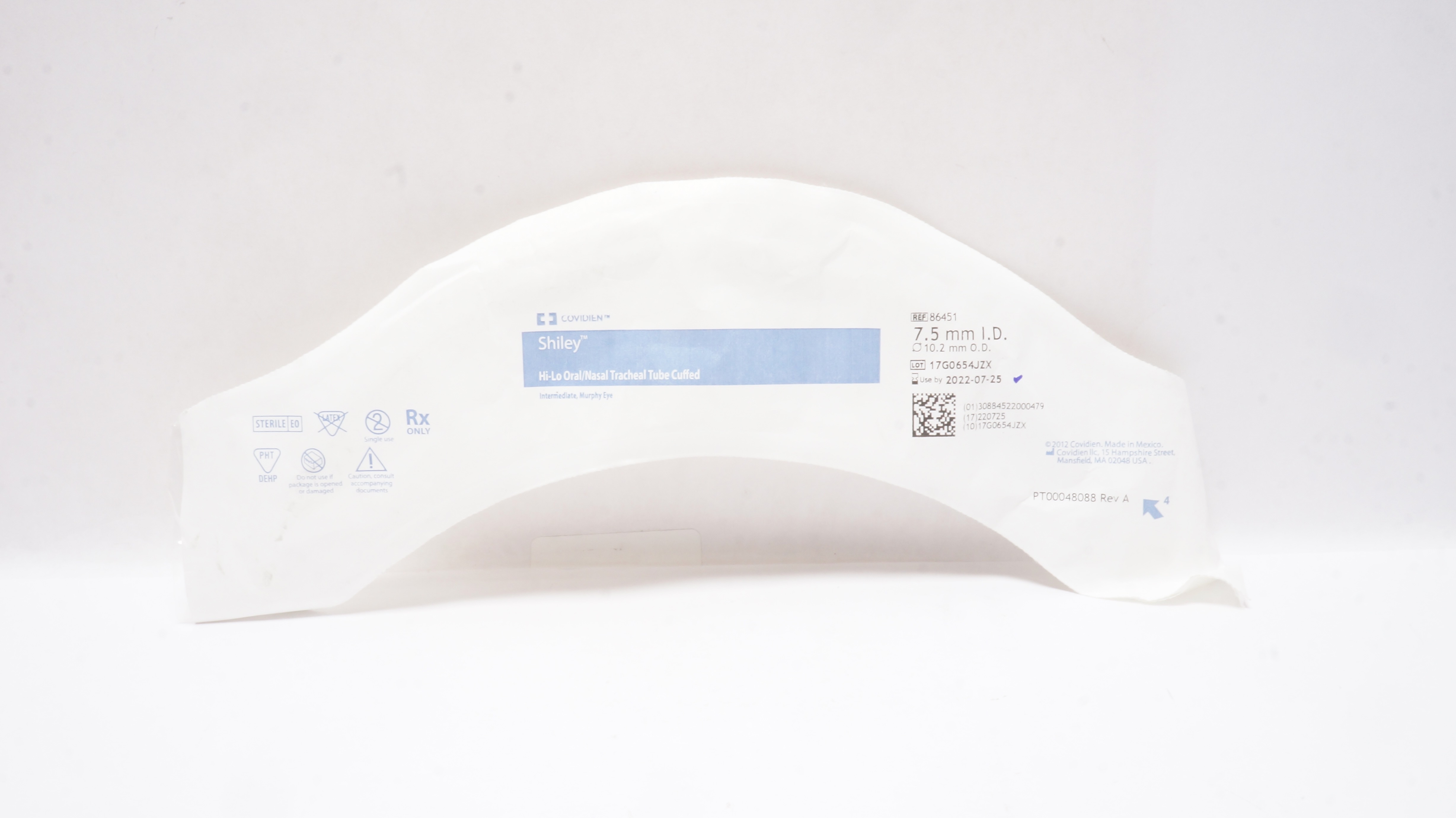 Covidien 86451 Shiley Hi-Lo Oral/Nasal Tracheal Tube Cuffed 7.5mm x 10.2mm (x)