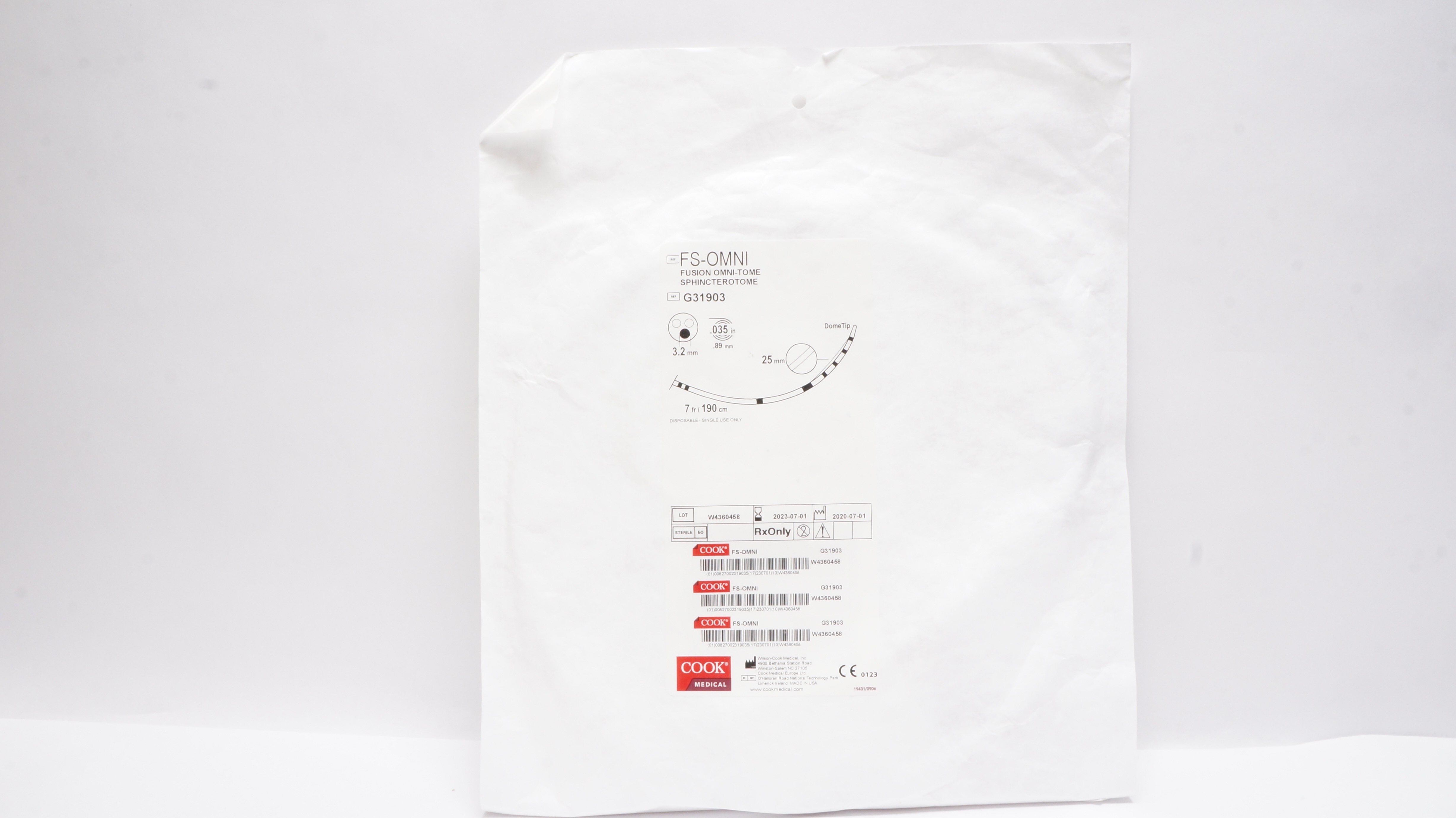 Cook Medical G31903 Fusion OMNI-TOME Sphincterotome 7Fr. x 25mm x .035inch(x)
