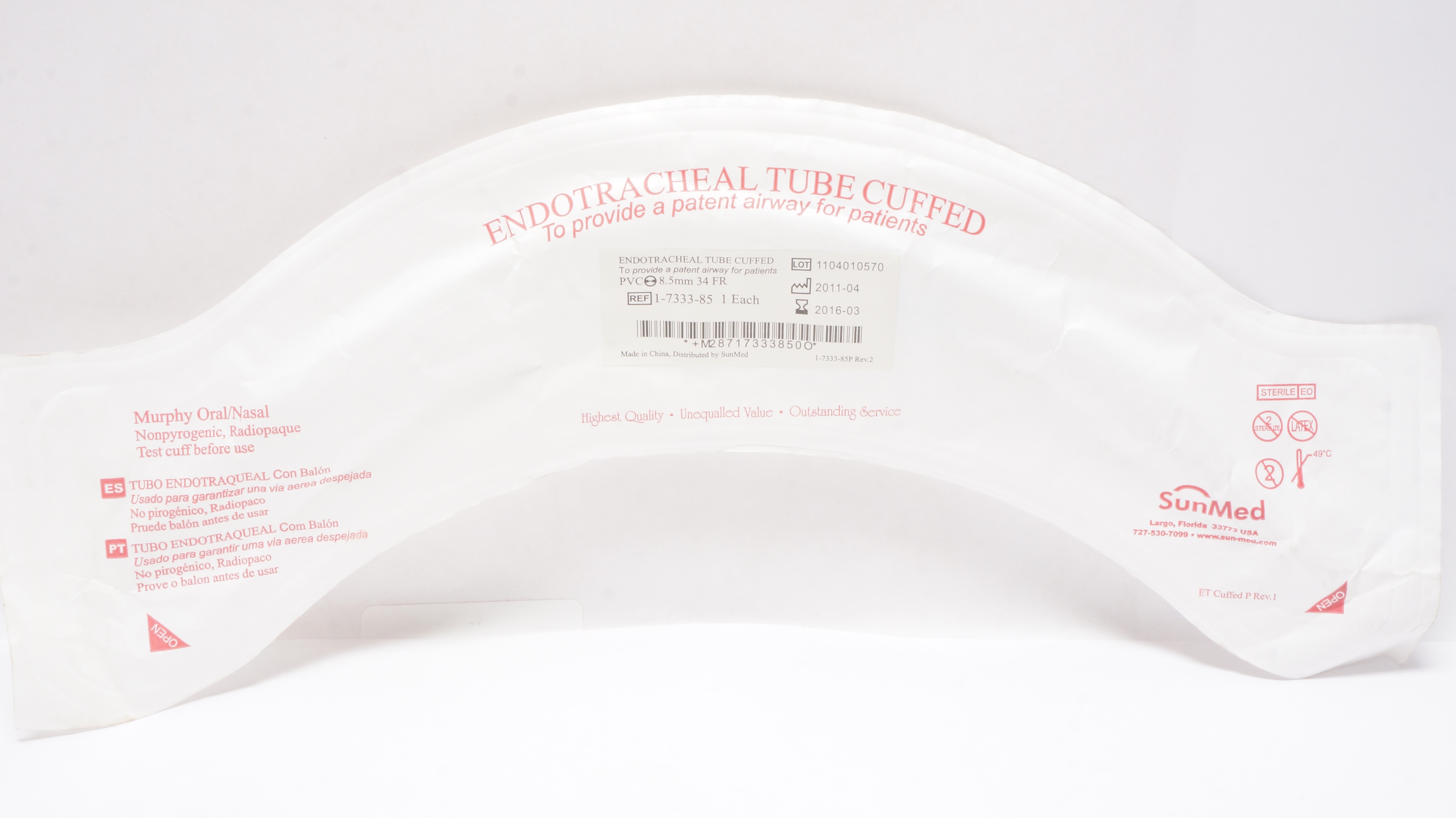 SunMed 1-7333-85 Endotracheal Tube Cuffed Oral/Nasal 8.5mm, 34Fr (x)
