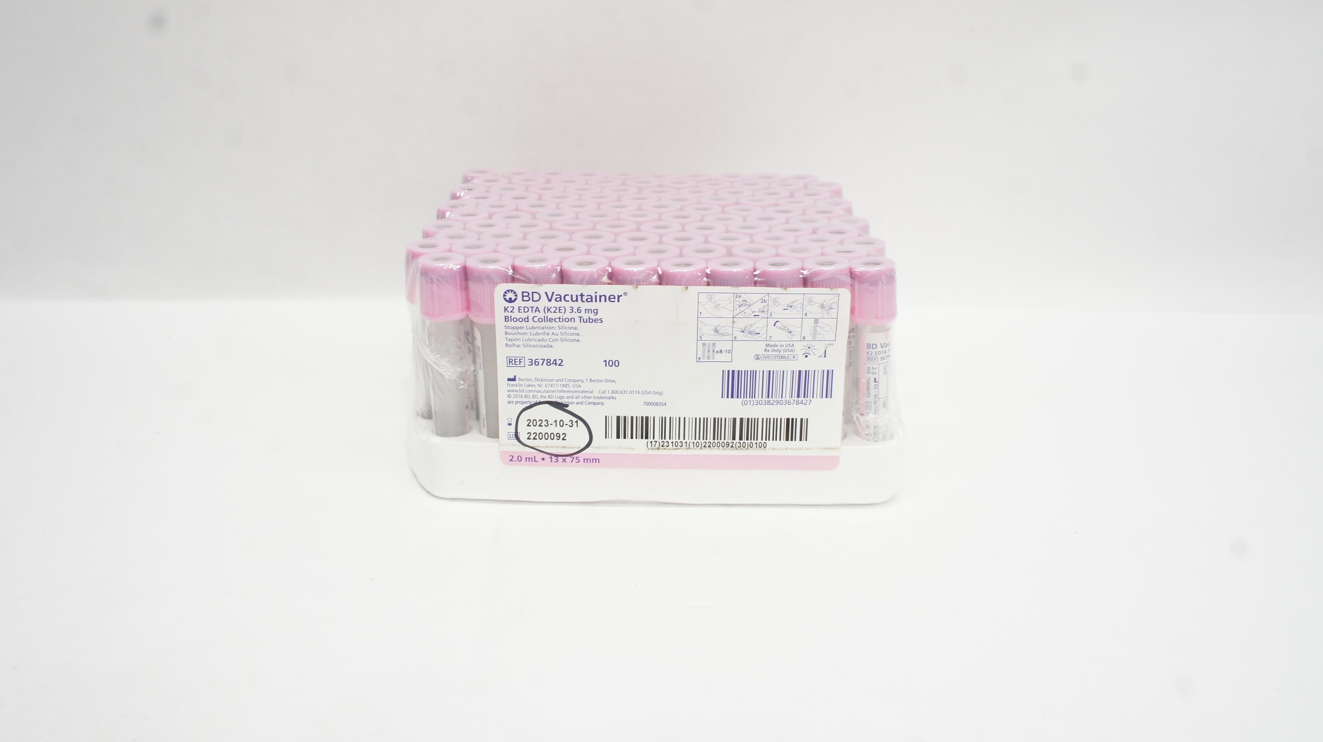 BD 367842 Vacutainer K2 EDTA Blood Collection Tubes 2mL 13x75mm (x) - Box of 100