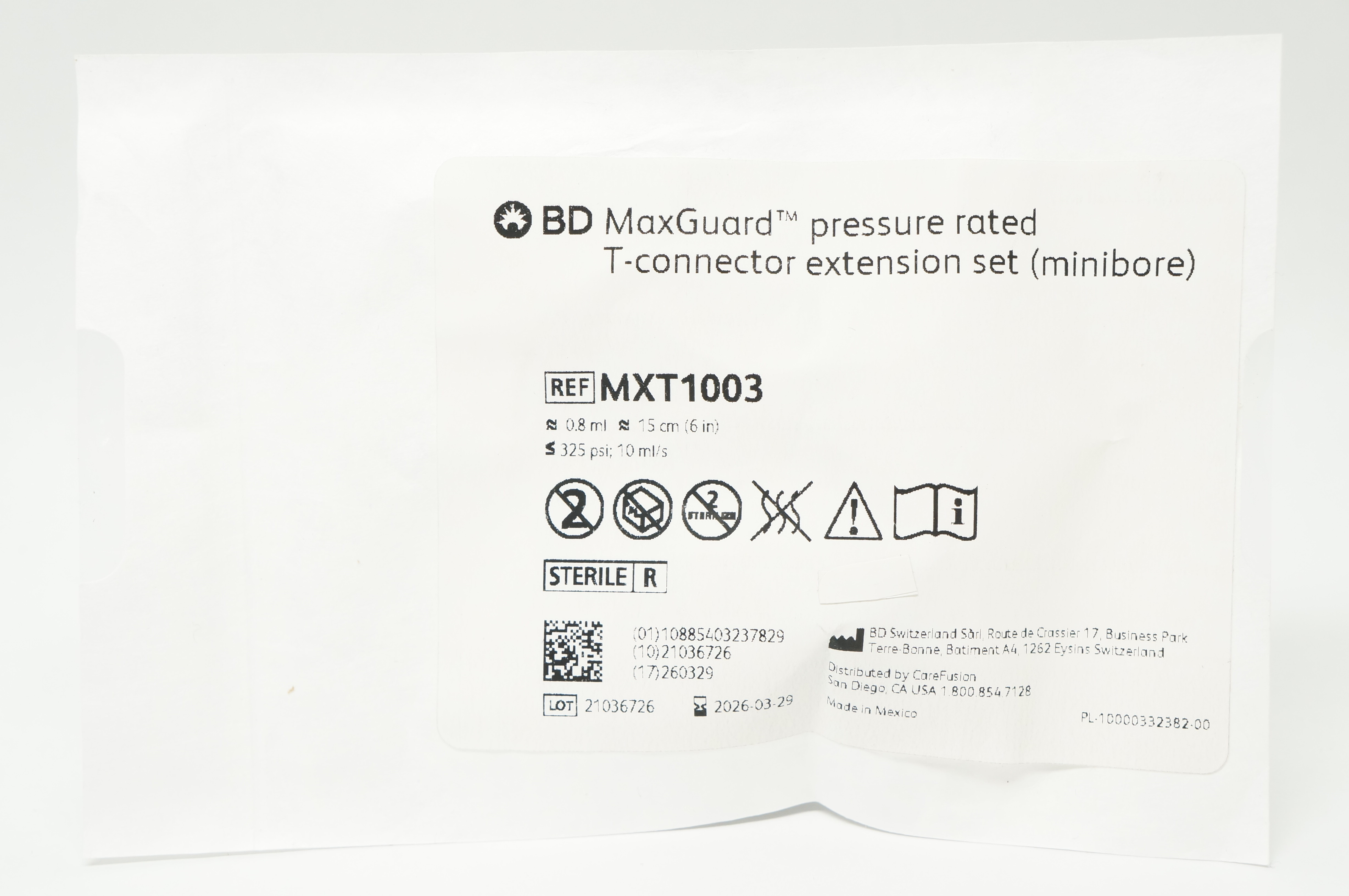 BD MXT1003 MaxGuard Pressure Rated T-Connector Extension Set ≈0.8ml ≈6 inch