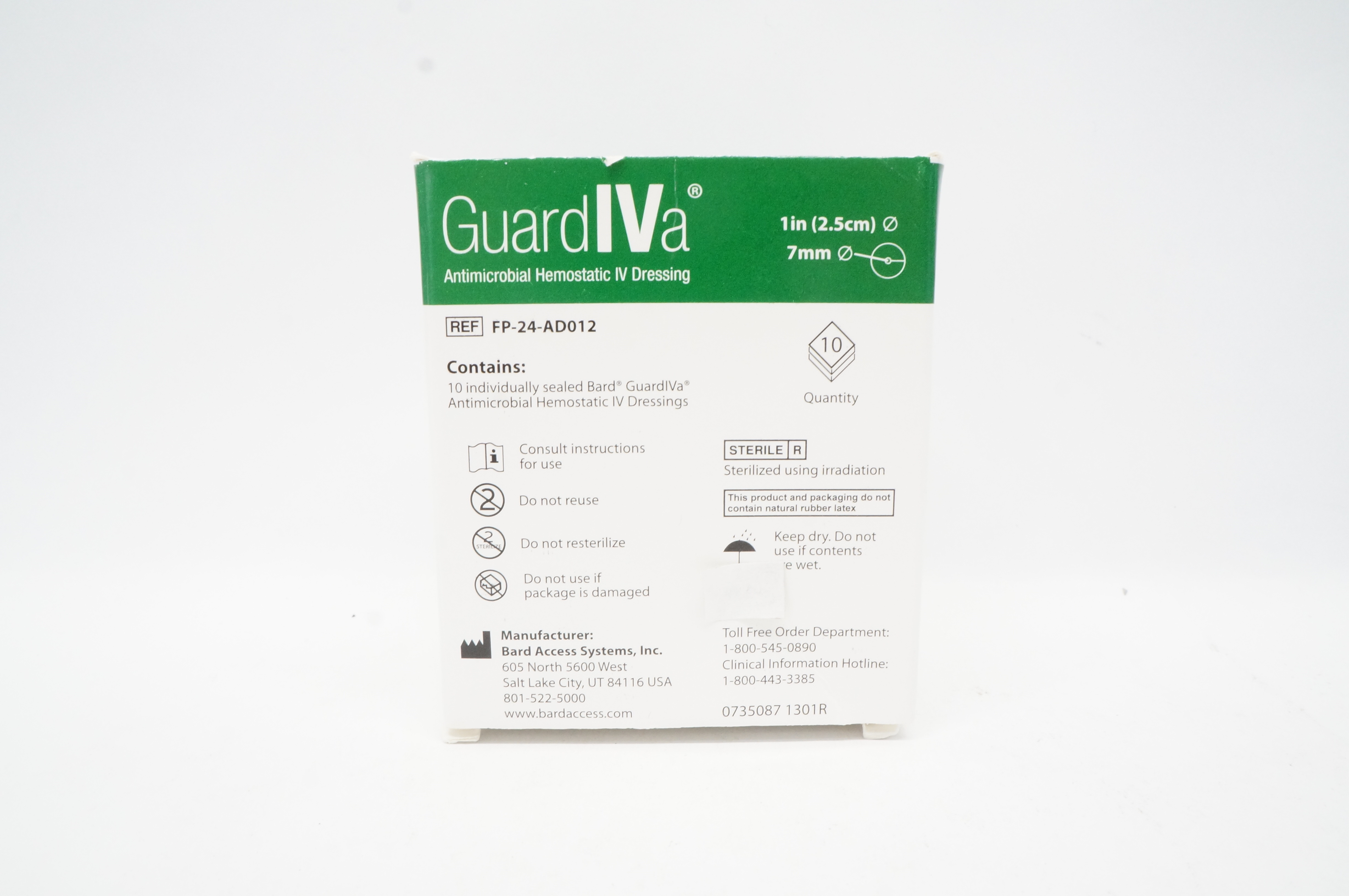 Bard FP-24-AD012 Antimicrobial Hemostatic IV Dressing 1in. x 7mm (x) - Box of 10