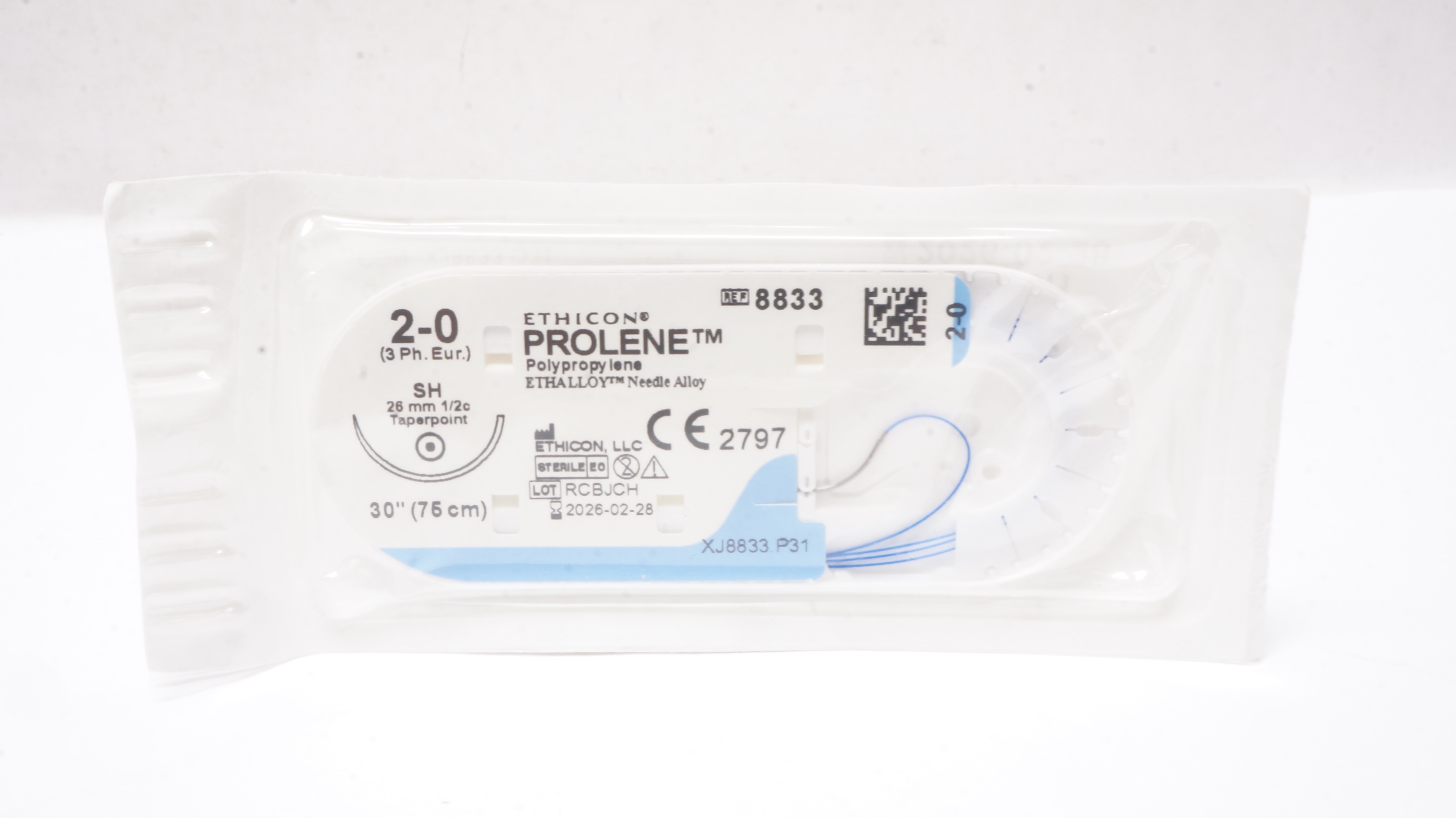Ethicon 8833 2-0 PROLENE Polypropylene Stre SH 26mm 1/2c Taperpoint 30inch