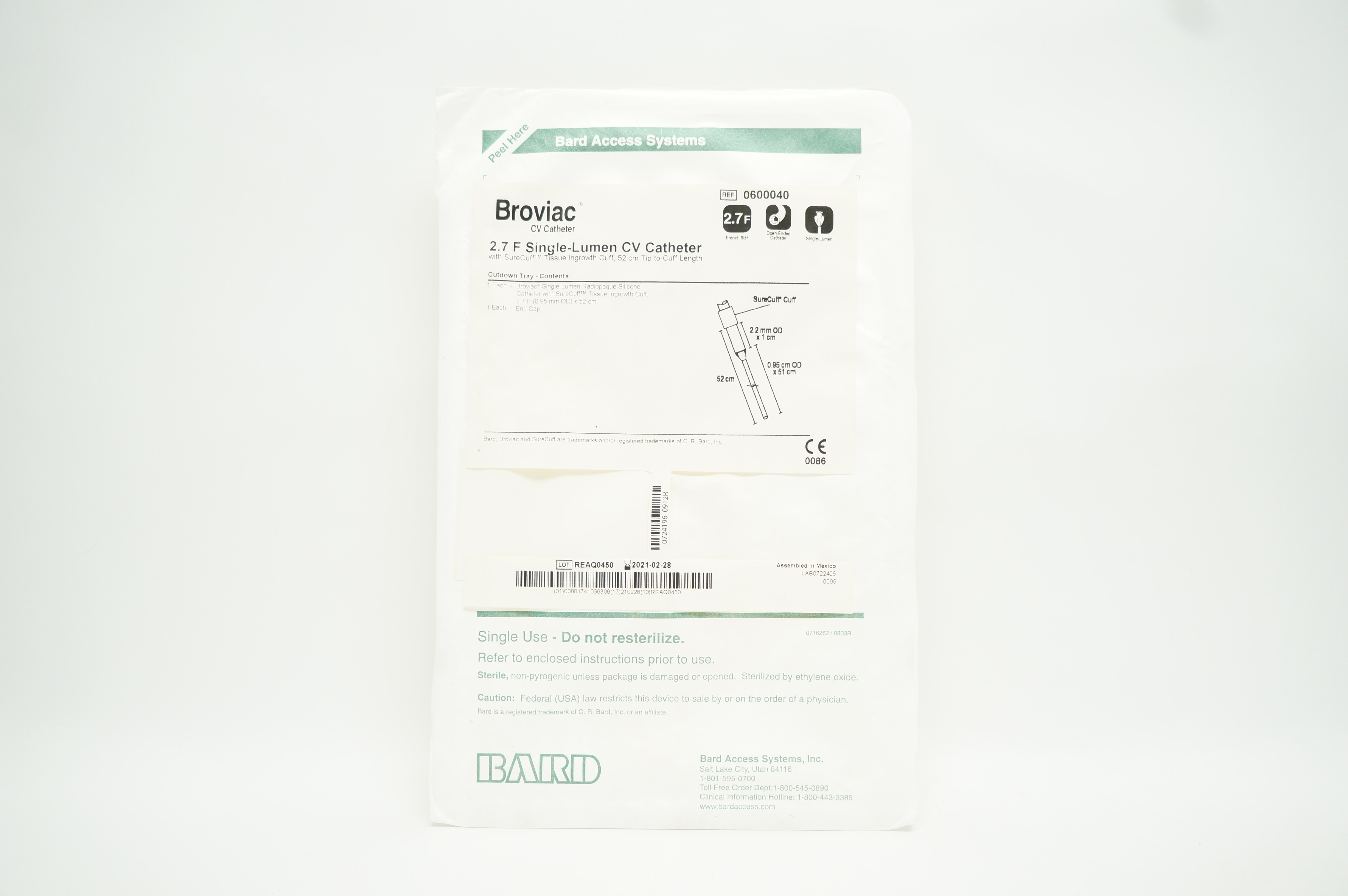 Bard 0600040 Broviac Single-Lumen CV Cath. 2.7F (x)
