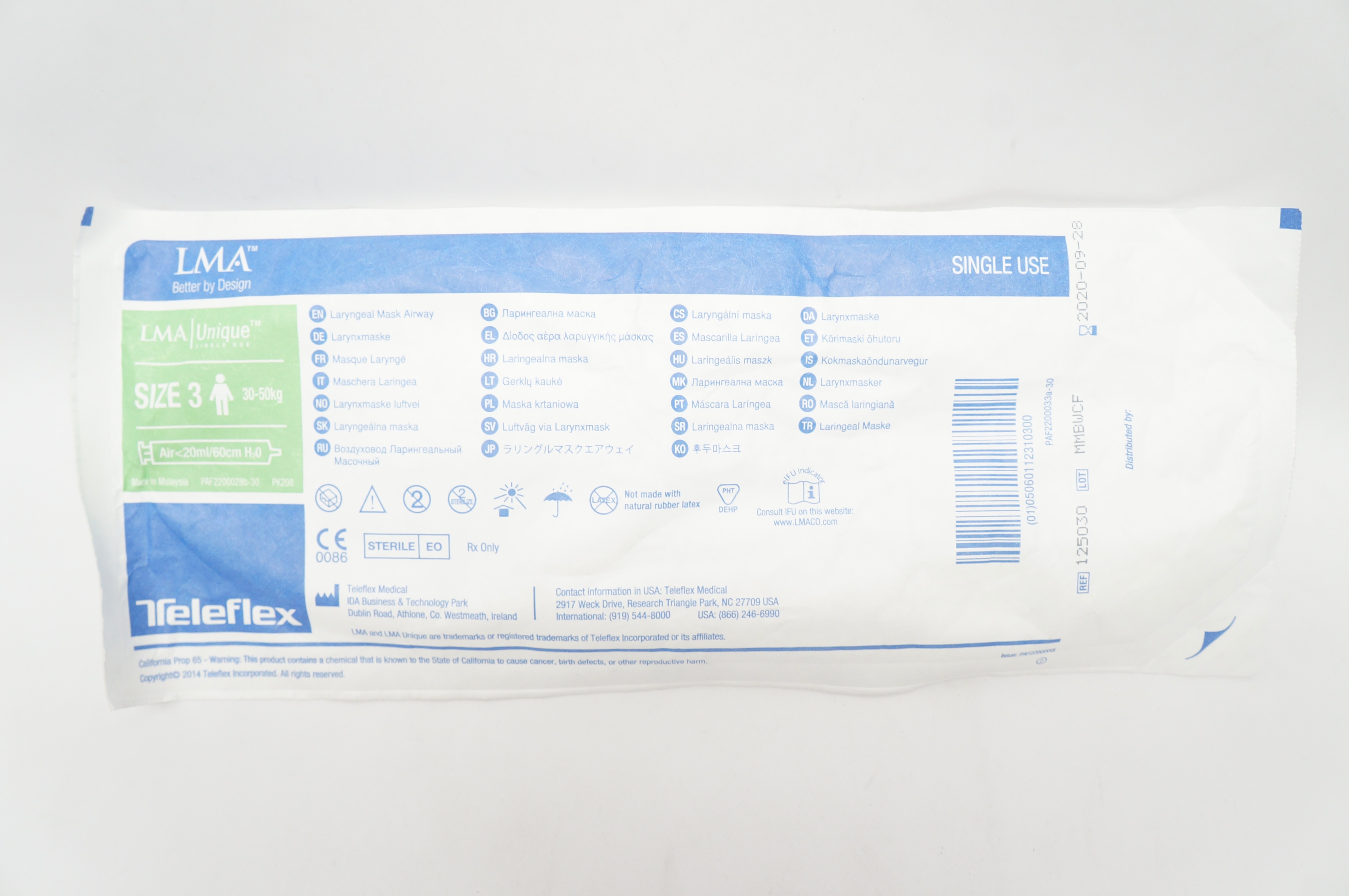 Teleflex 125030 LMA Unique Laryngeal Mask Airway Size 3, 30-50kg (x)