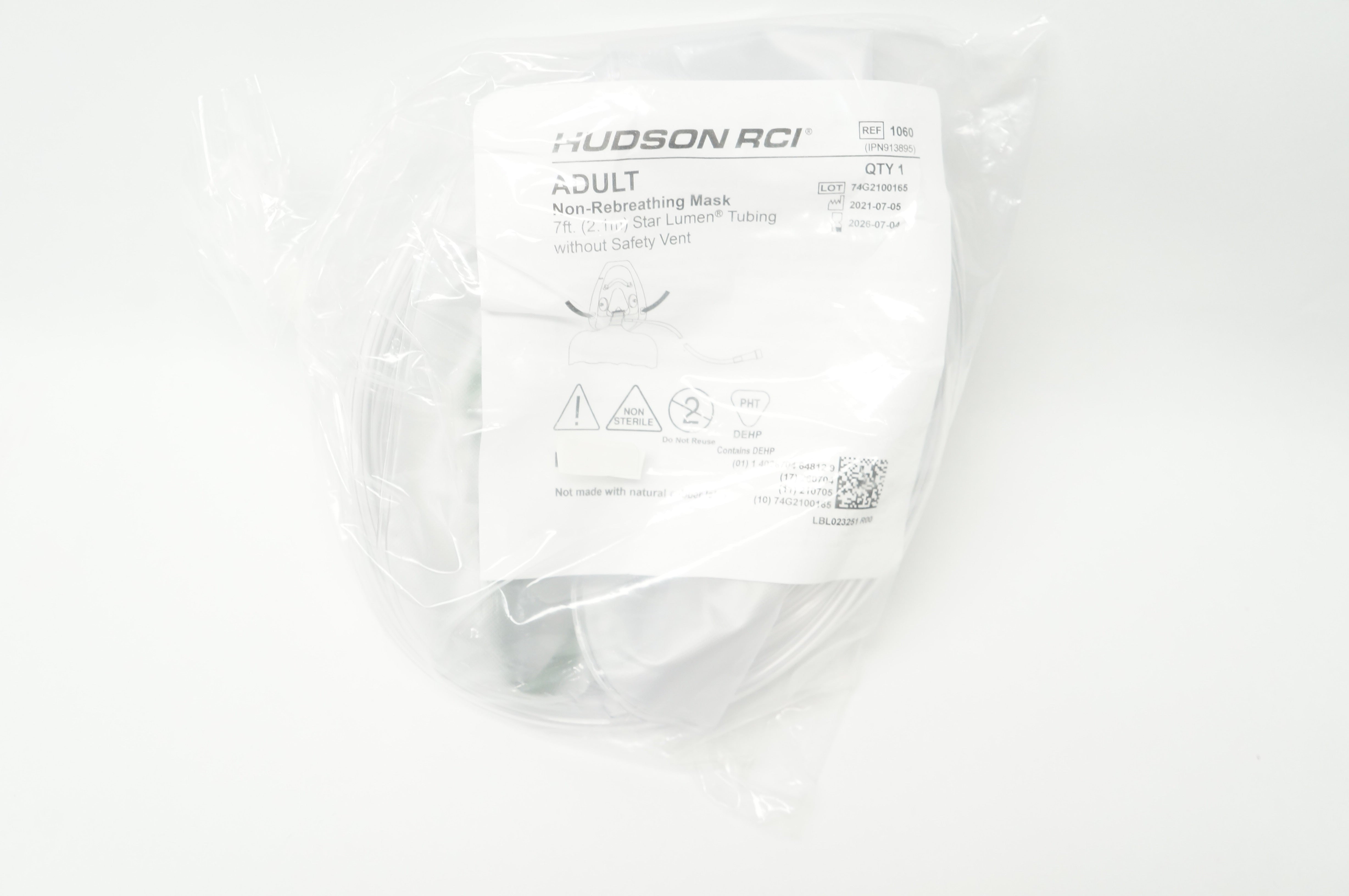 Hudson RCI 1060 Adult Non-Rebreathing Mask w/7ft. Star Lumen Tubing