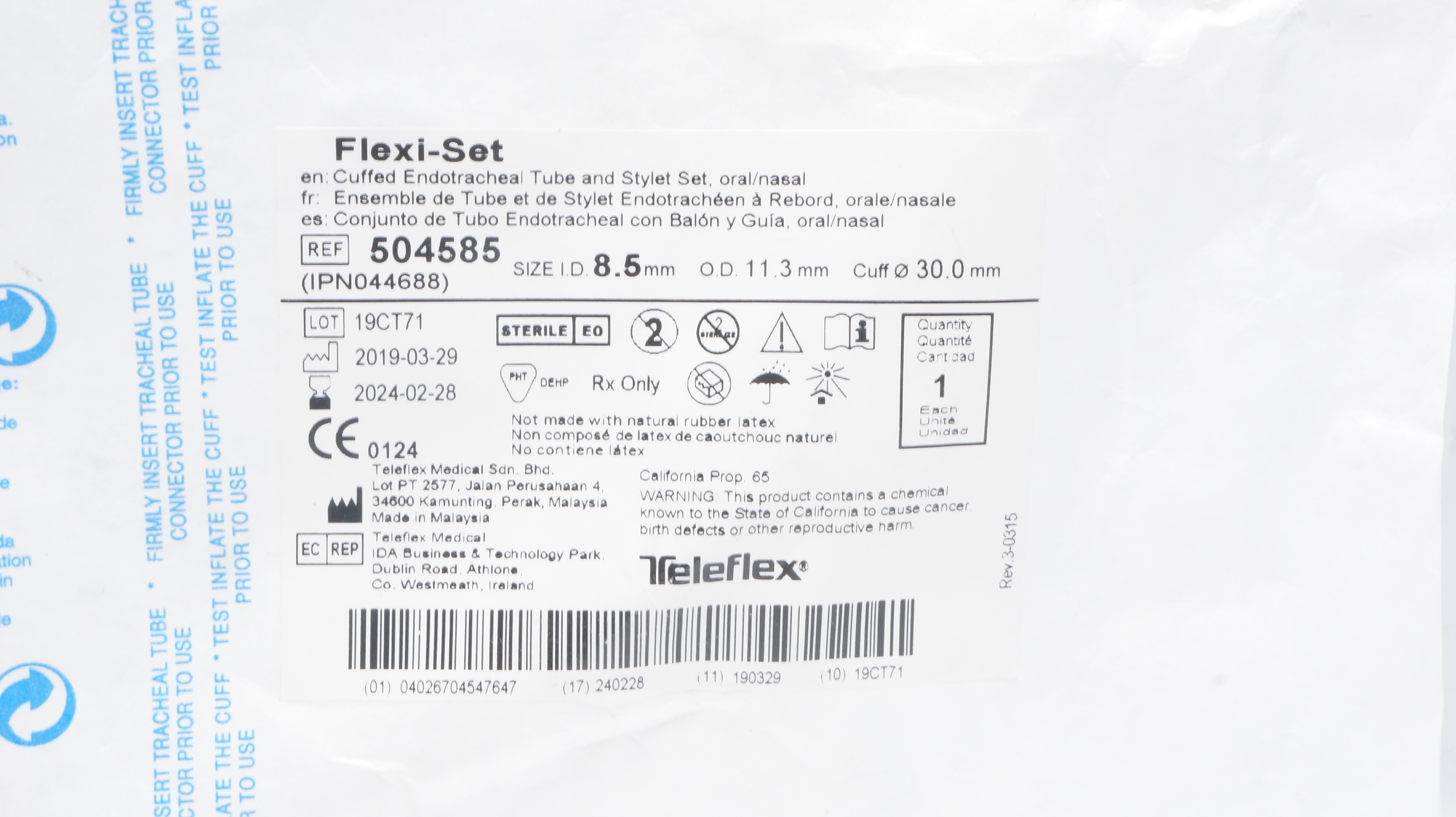 Teleflex 504585 Flexi-Set Endotracheal Tube&Stylet 8.5 ID x 11.3 OD x 30.0mm (x)