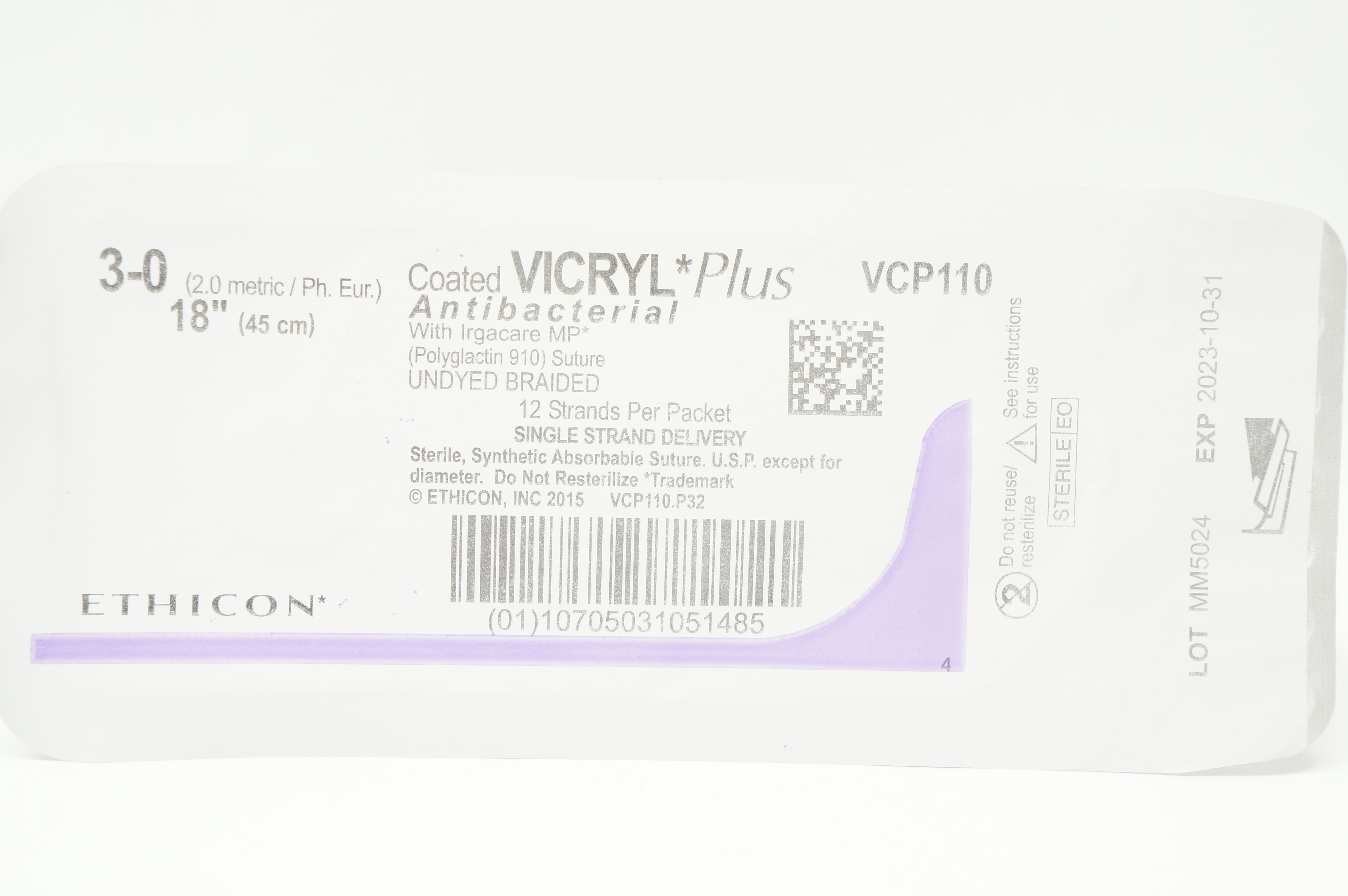 Ethicon VCP110 3-0 VICRYL Coated Plus Antibacterial Polyglactin 910 Stre, 18inch