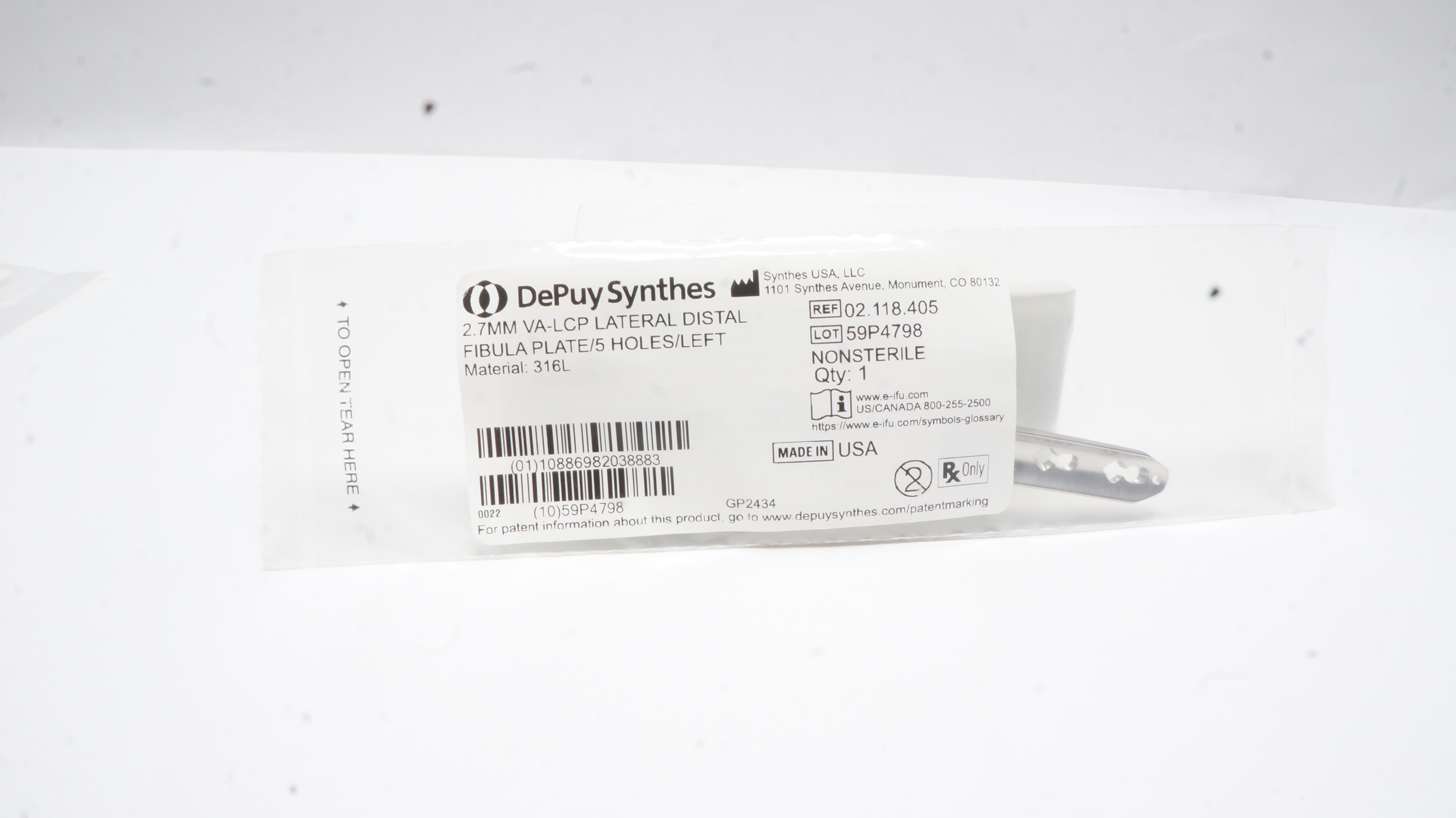Depuy Synthes 02.118.405 2.7mm VALCP Lateral Distal Fibula Plate