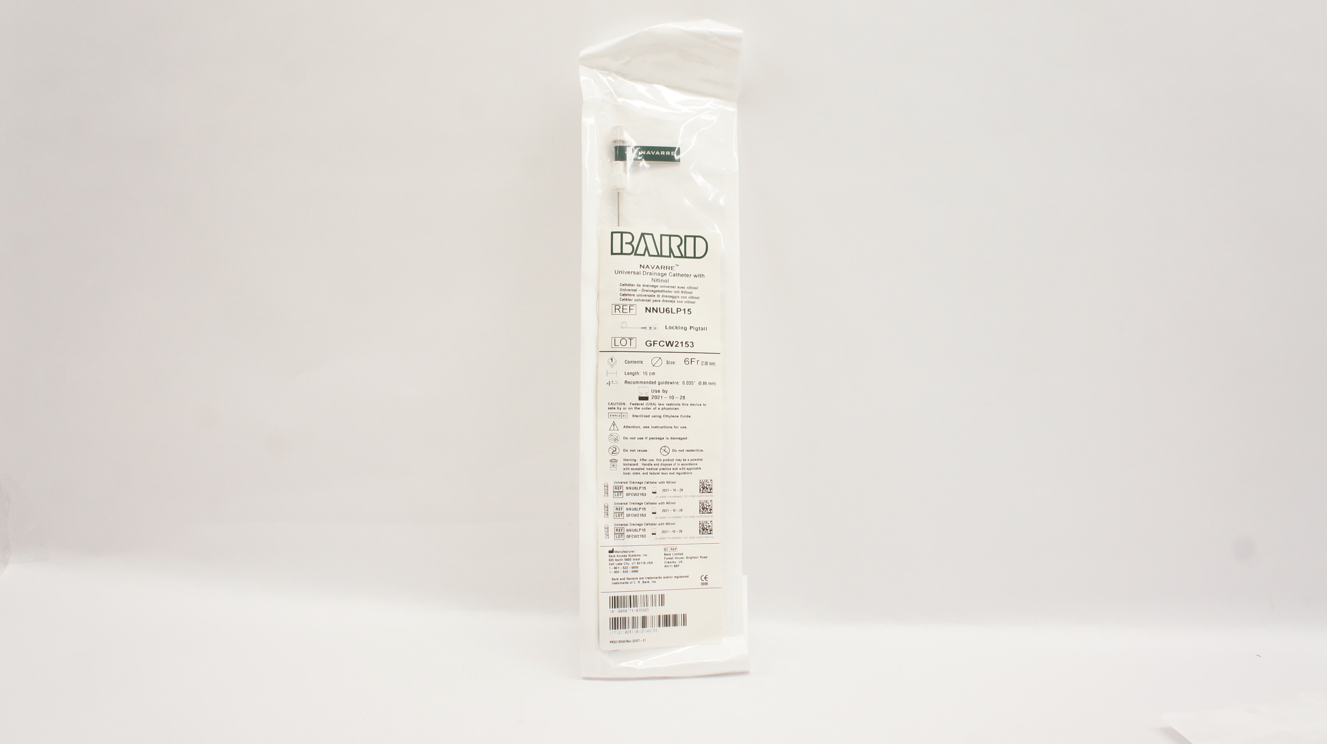 Bard NNU6LP15 Universal Drainage Cath. w/Nitinol 6Fr. x 15cm x .035in. (x)