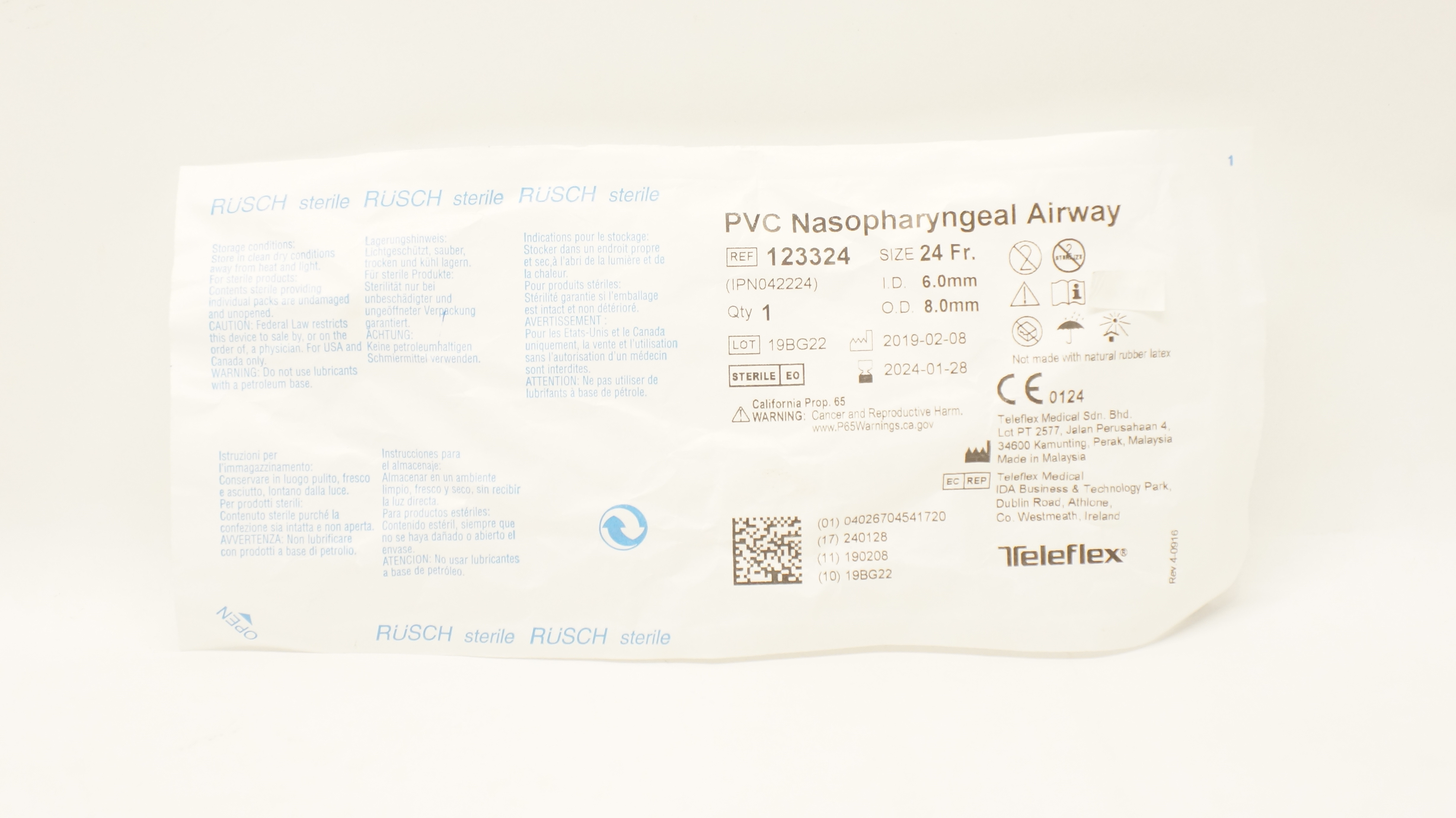 Teleflex 123324 Rusch PVC Nasopharyngeal Airway 24 Fr x 6.0mm ID x 8.0mm OD