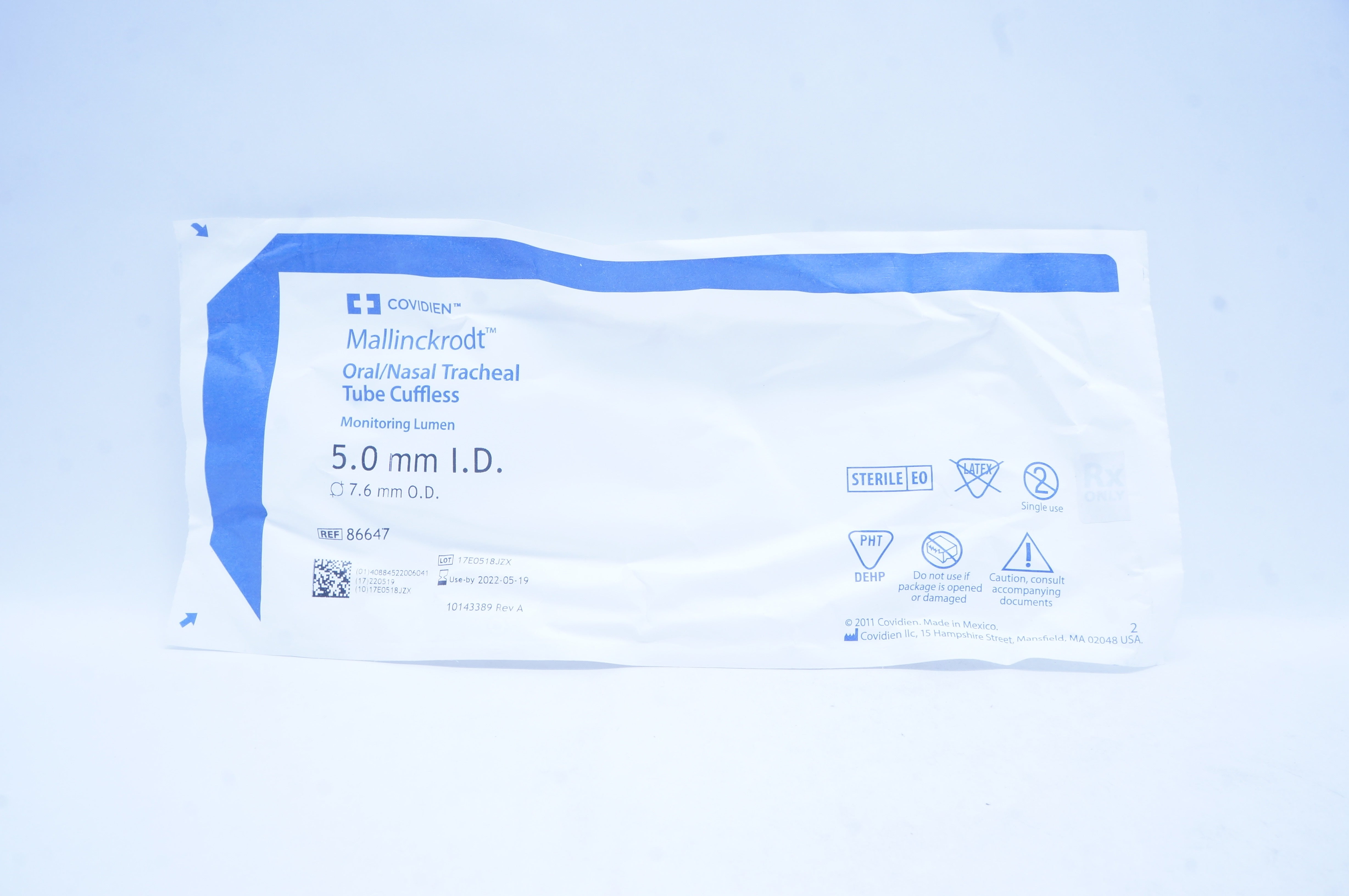 Covidien 86647 Mallinckrodt Oral/Nasal Tracheal Tube Cuffless 5.0mm x 7.6mm