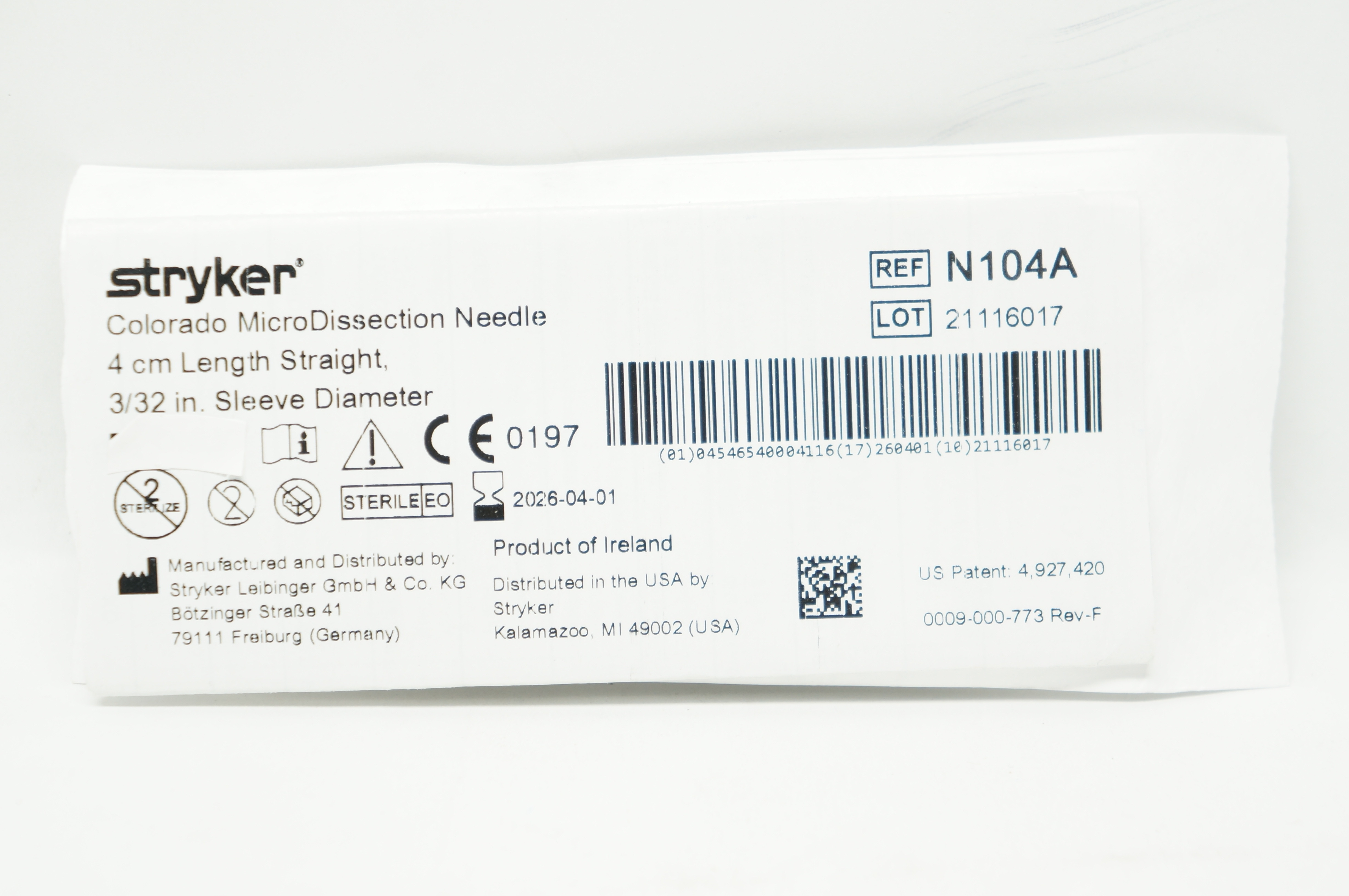 Stryker N104A Colorado MicroDissection Ndle. Straight 4cm, Sleeve 3/32inch