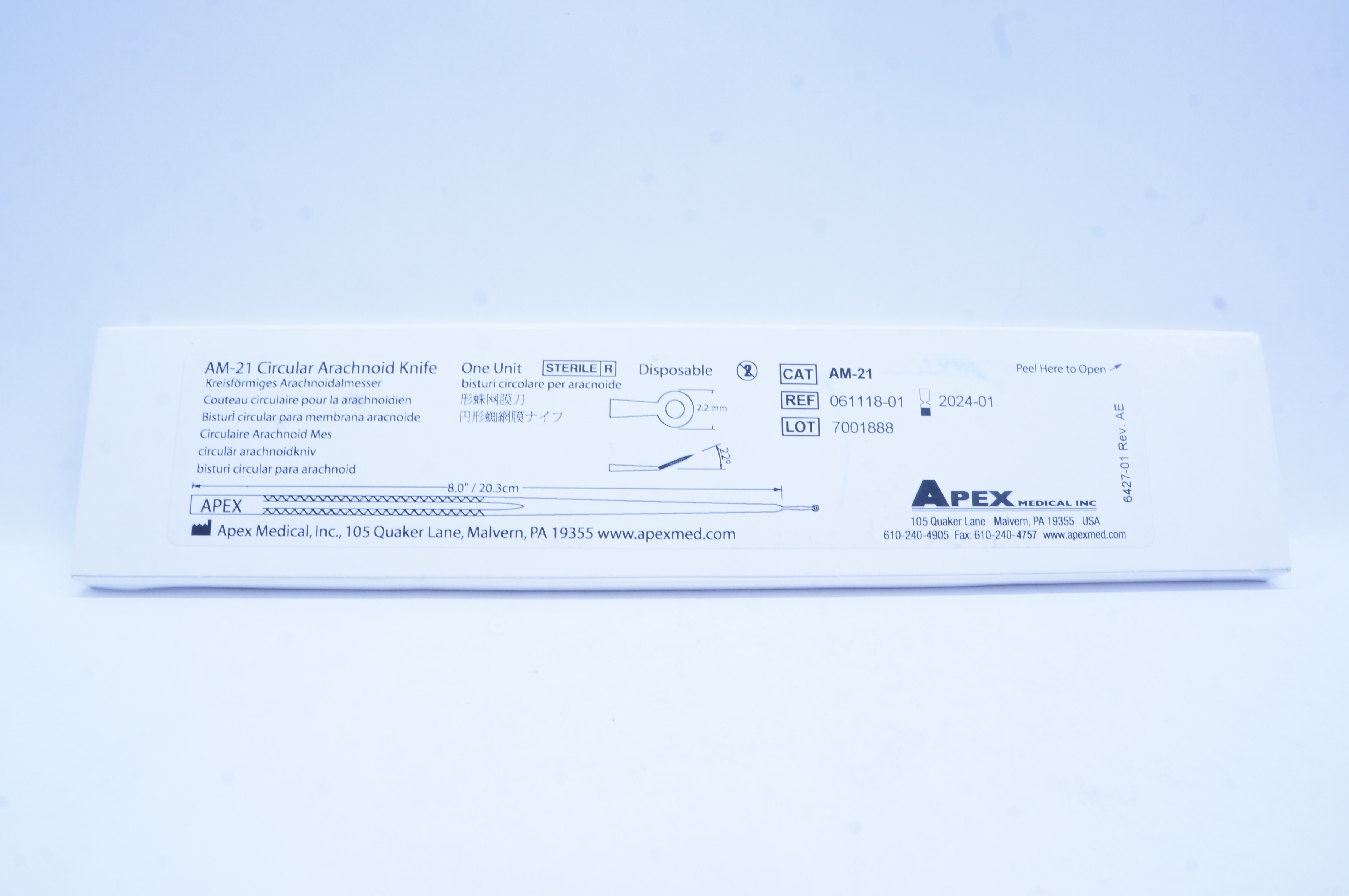 Apex Medical 061118-01 AM-21 Circular Arachnoid Knife 22 degree, 8 inch x 2.2 mm
