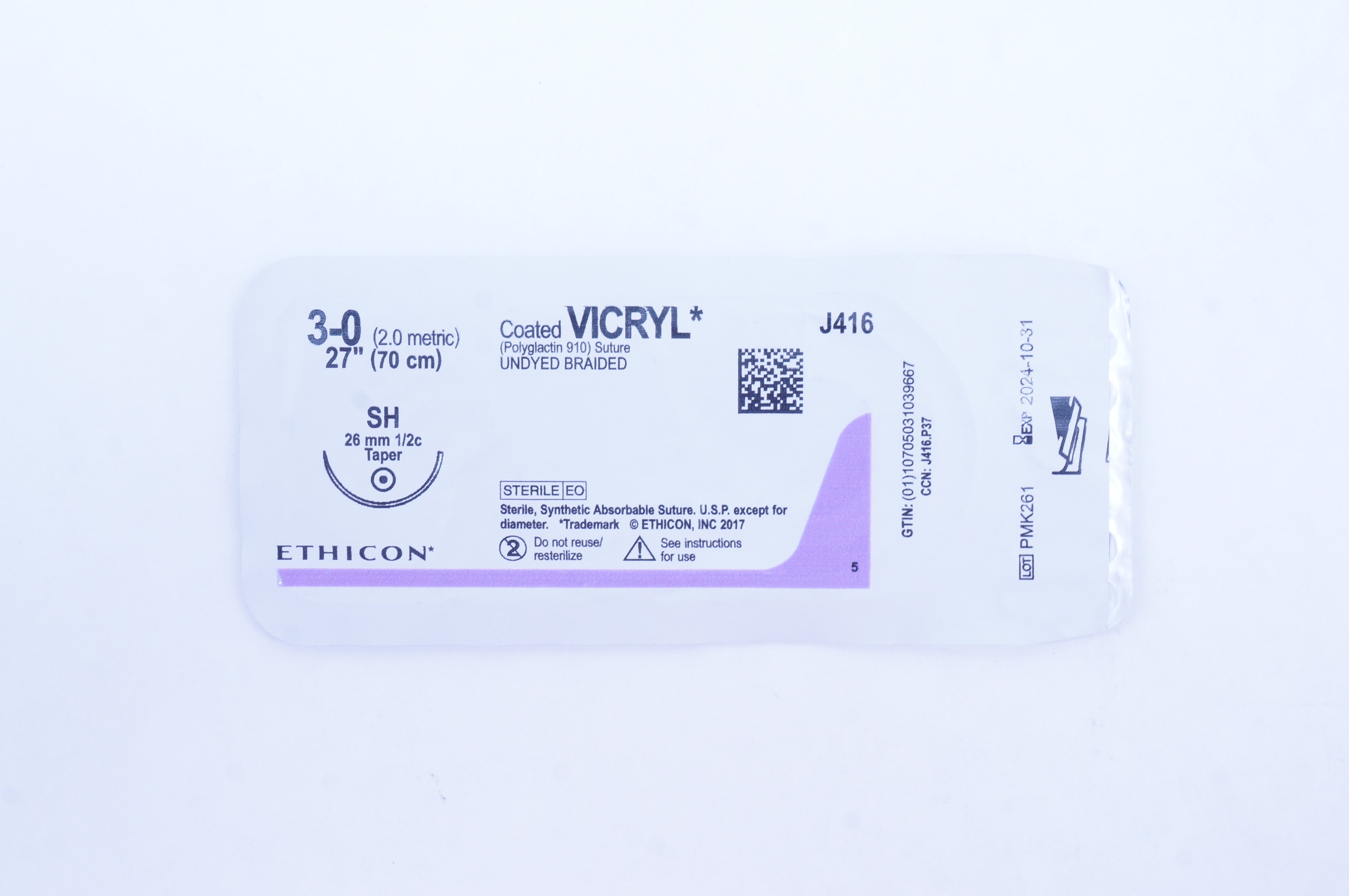 Ethicon J416 3-0 Coated Vicryl Stre SH 26mm 1/2c Taper 27 inch