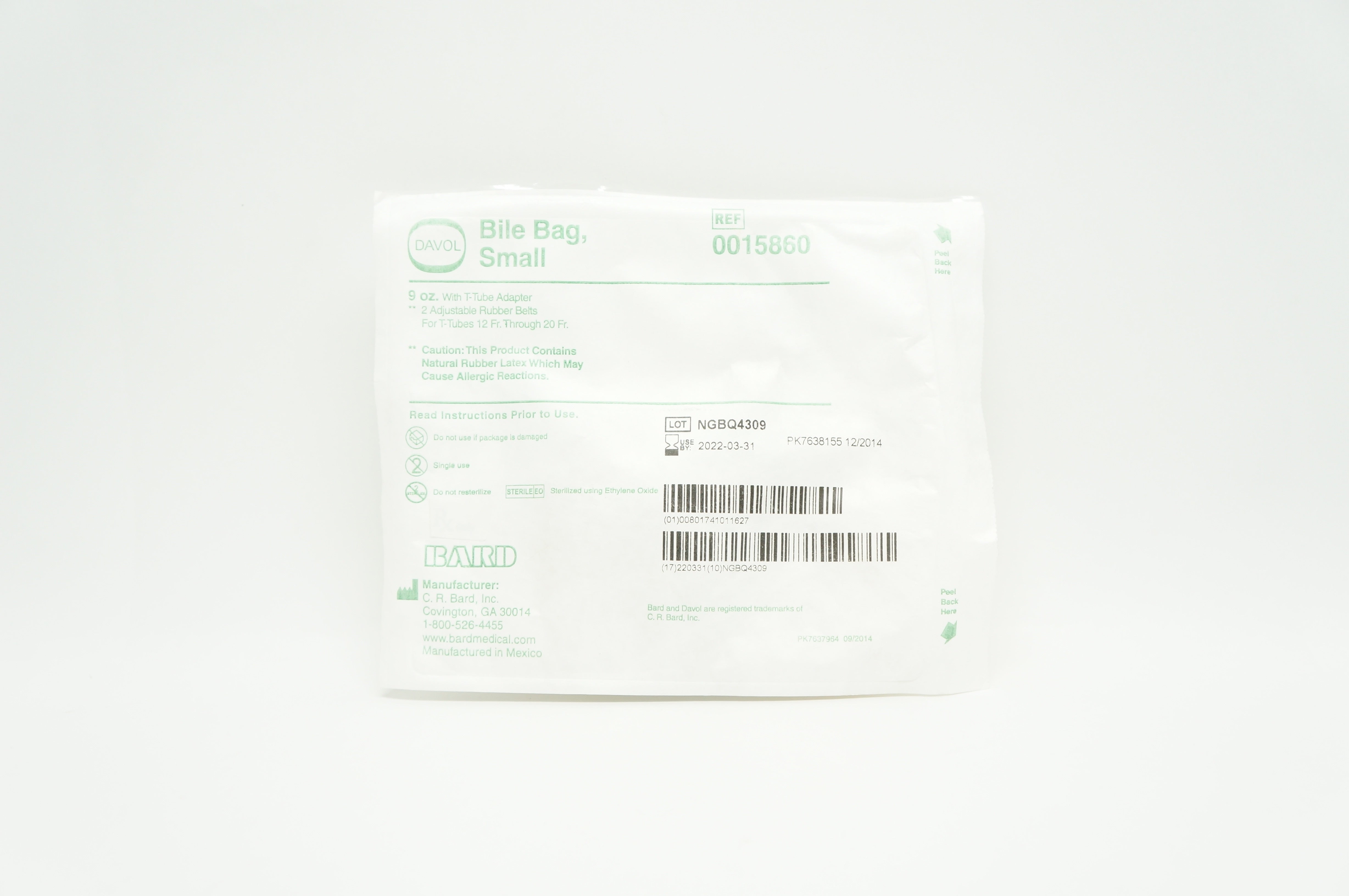 Bard 0015860 Davol Bile Bag Small 9oz  with T-Tube Adapter