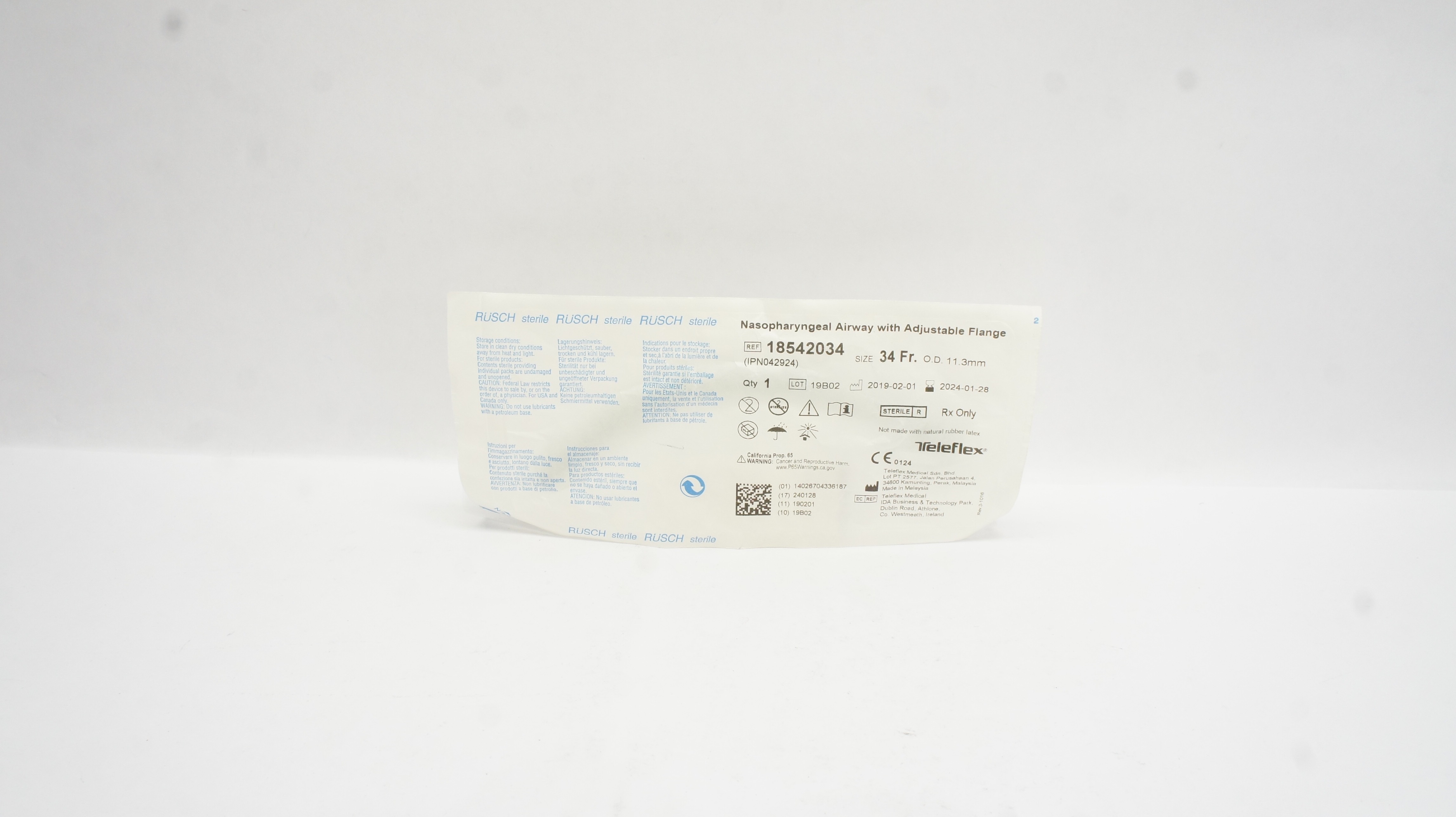 Teleflex 18542034 Nasopharyngeal Airway W/Adjustable Flange Size 34Fr (x)