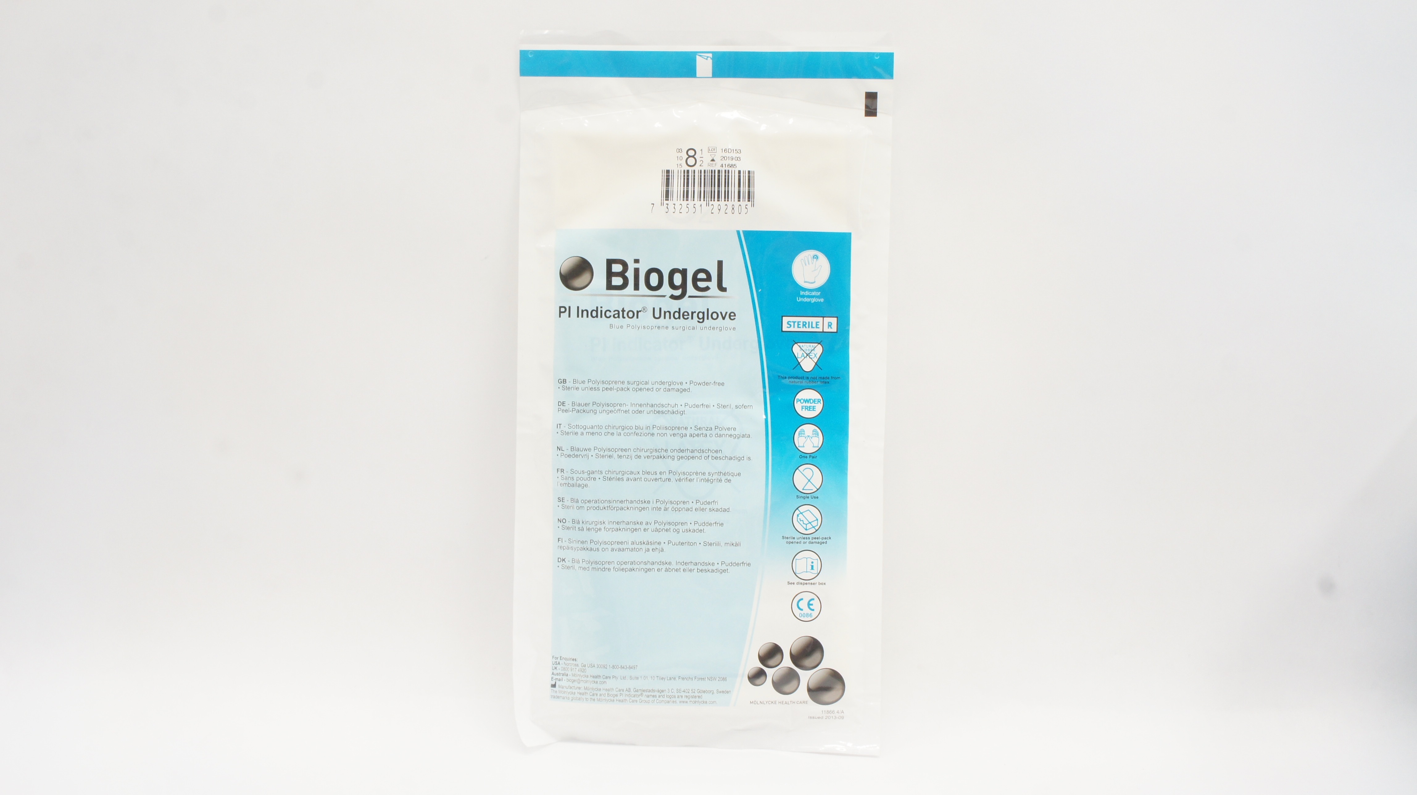 Molnlycke Health Care 41685 Biogel Pl Indicator Underglove, Size 8 1/2 (x)