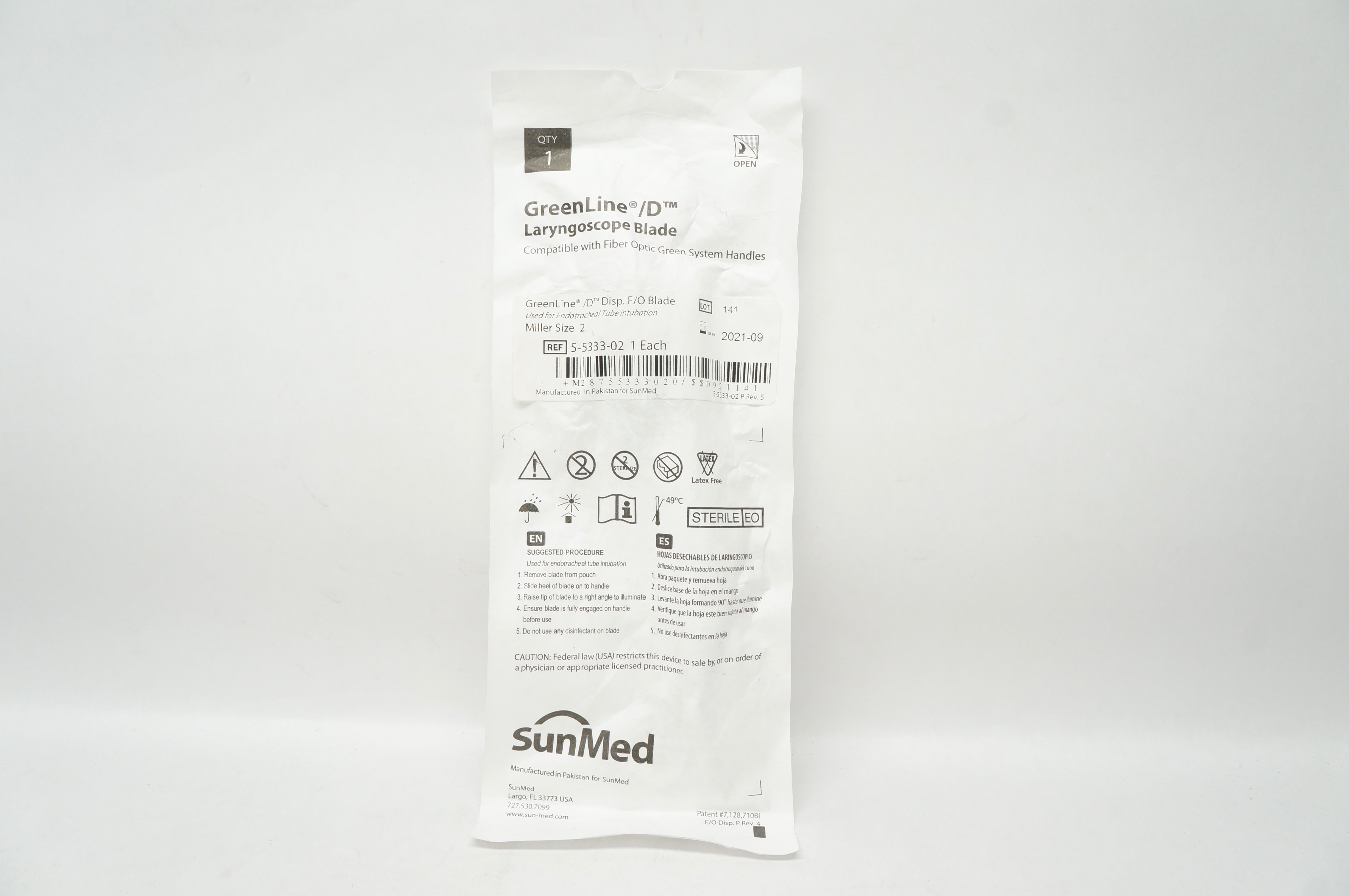 SunMed 5533302 GreenLine D Laryngoscope Blade, Size 2 (x)