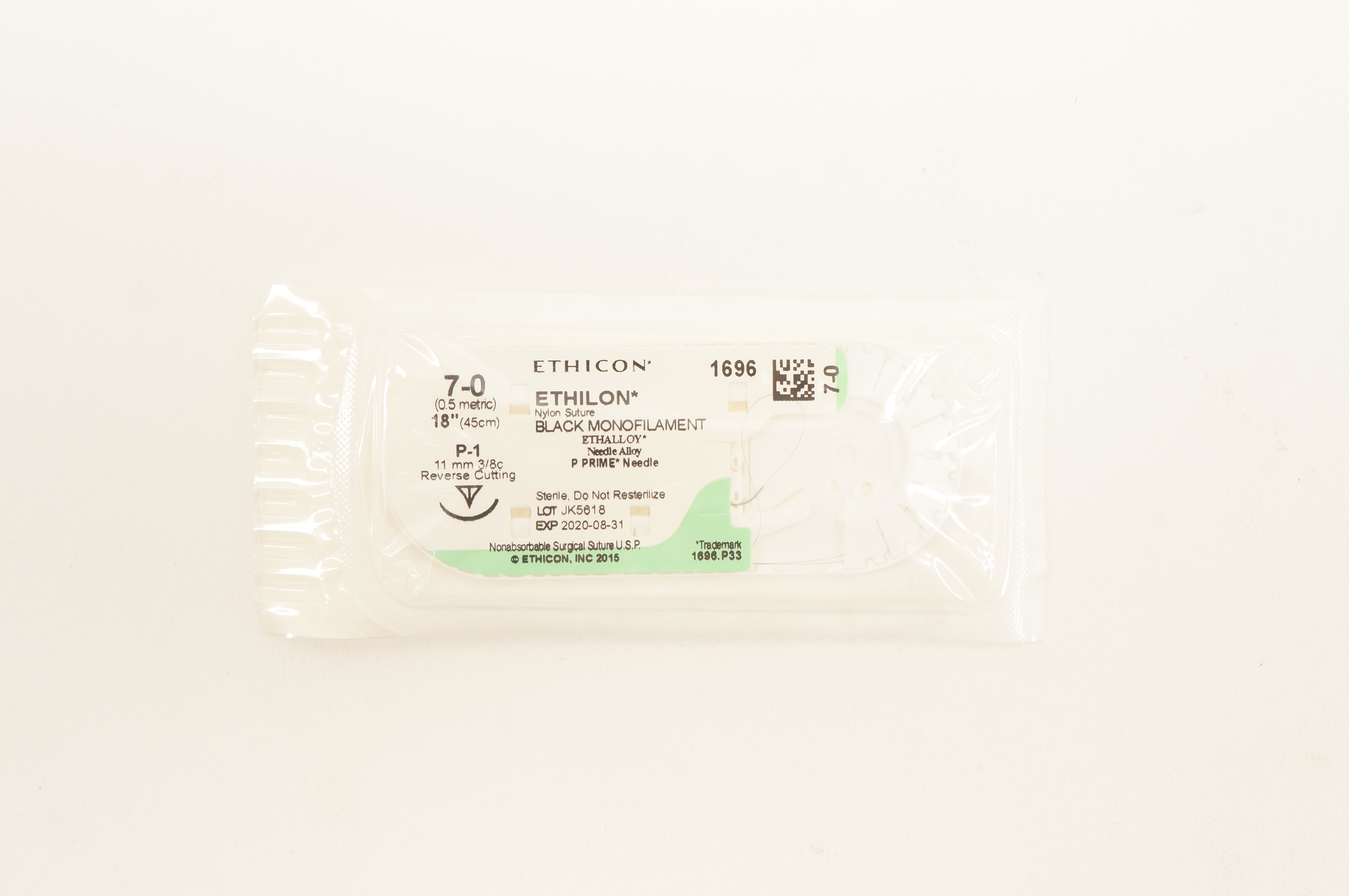 Ethicon 1696 7-0 ETHILON Nylon Stre P-1 11mm 3/8c Reverse Cutting 18inch (x)