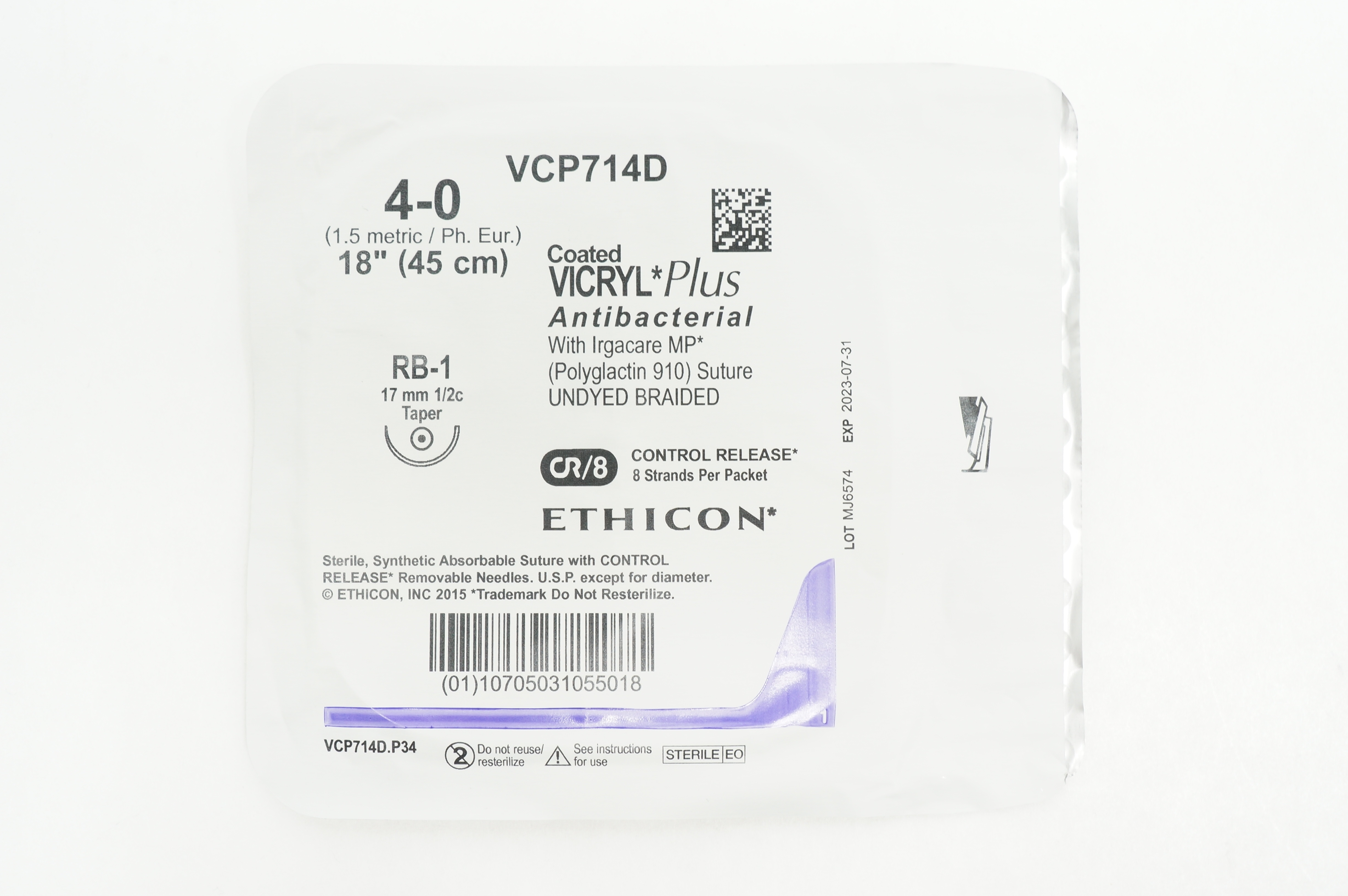 Ethicon VCP714D 4-0 VICRYL Plus RB-1 17mm 1/2c Taper, 18inch
