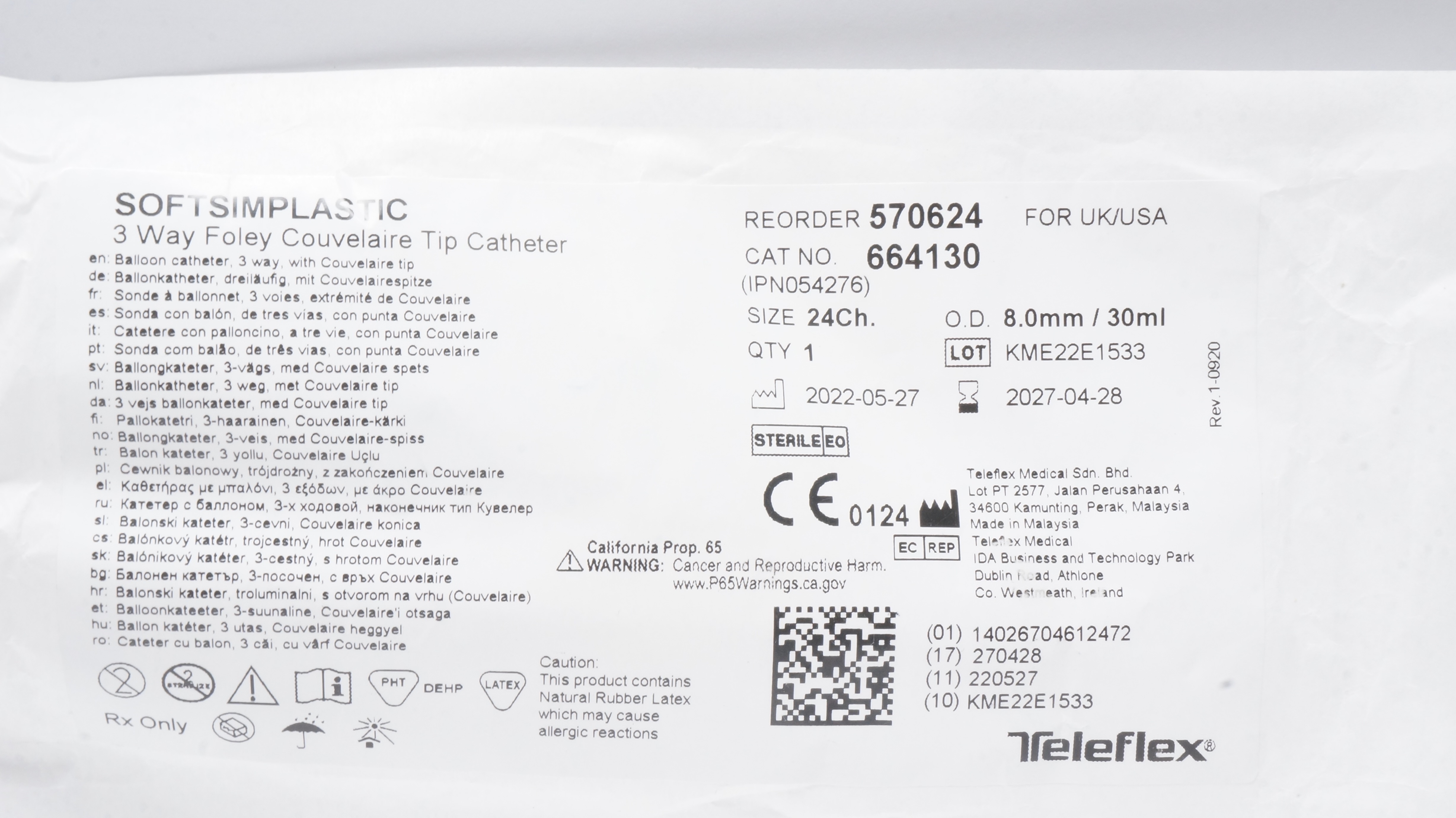 Teleflex 570624 SoftSimplastic 3 Way Foley Couvelaire Tip Cath.24Ch x 8.0mm/30ml