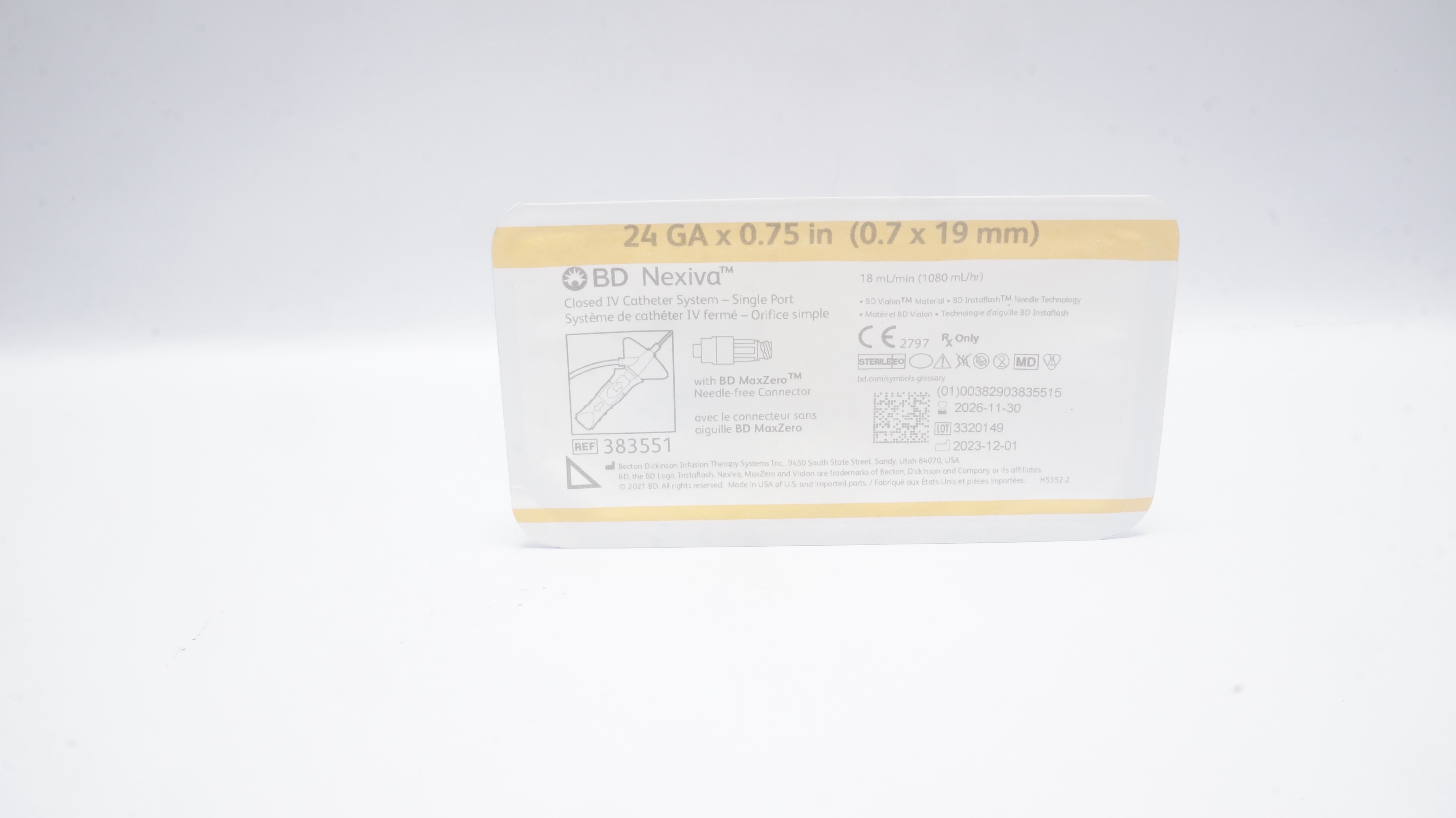 BD 383551 Closed IV Catheter System-Single Port 24G x 0.75 in. , 18ml / min