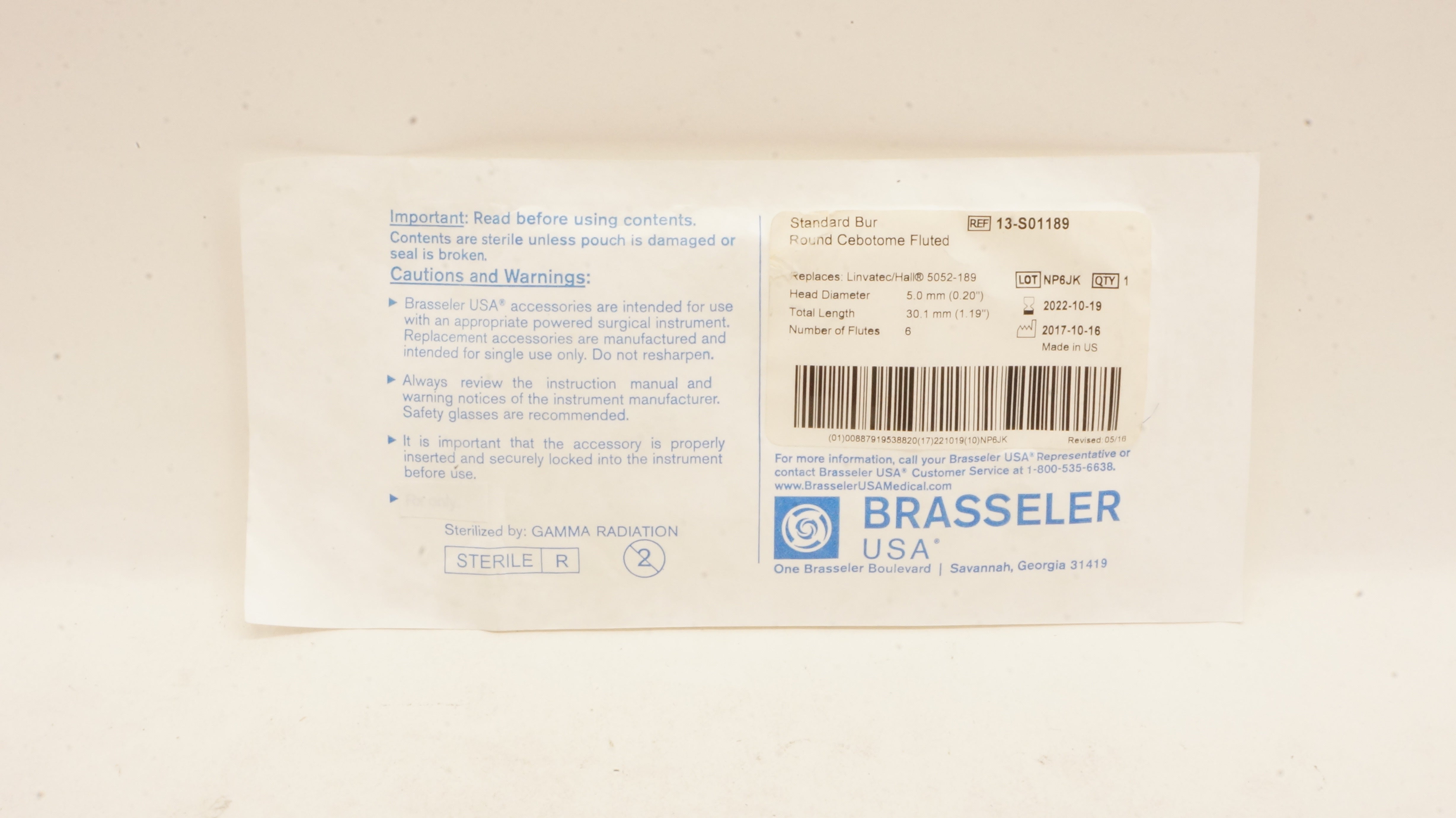 Brasseler 13-S01189 Standard Bur Round Cebotome Fluted 0.20inch x 1.19inch