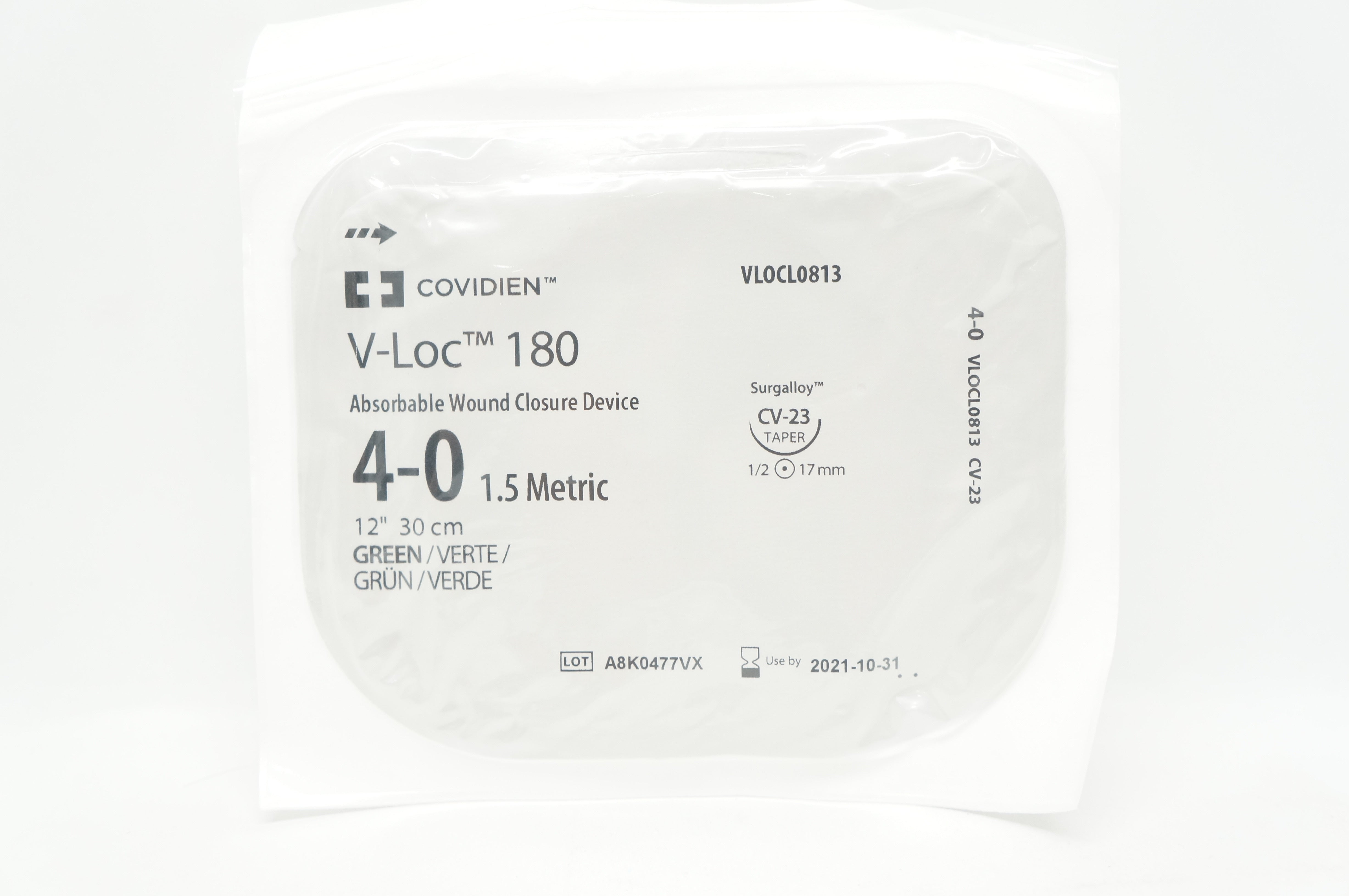 Covidien VLOCL0813, 4-0 V-Loc 180 Green, CV-23 1/2c 17mm Taper, 12inch (x)
