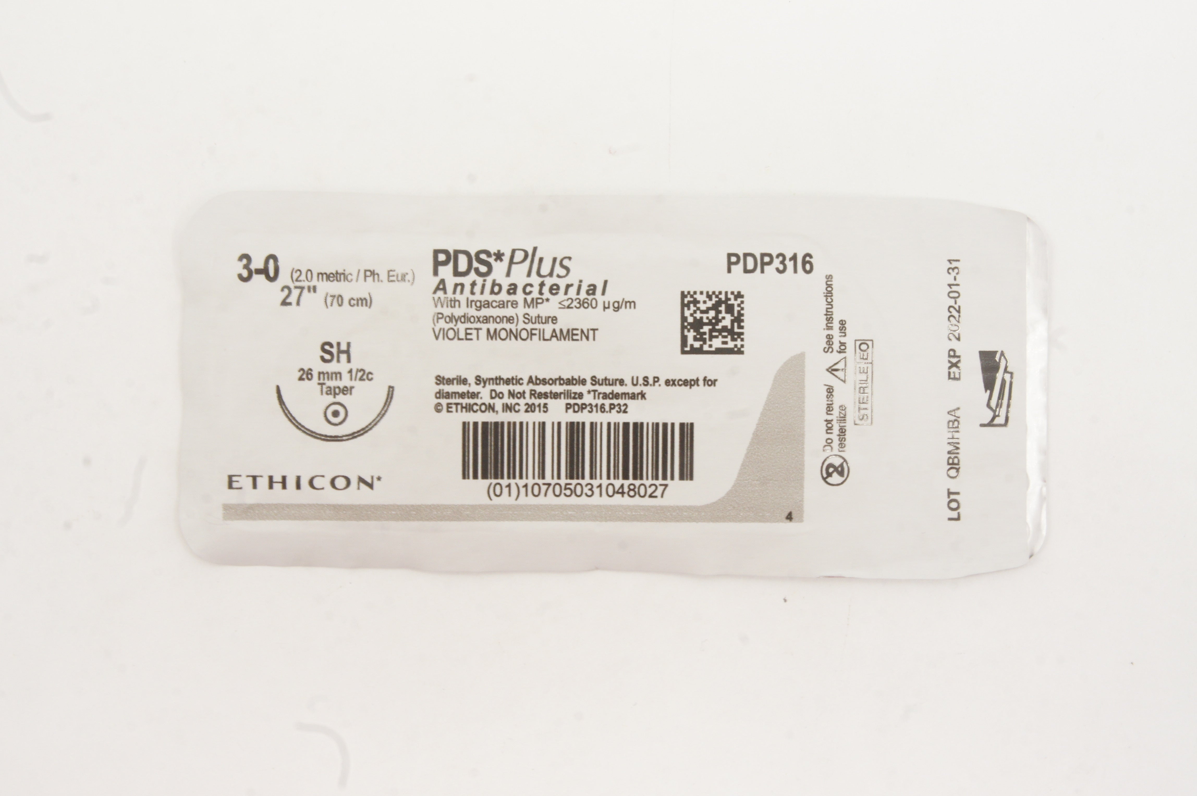 Ethicon PDP316 3-0 PDS Plus Antibacterial Stre SH 26mm 1/2c Taper, 27inch (x)