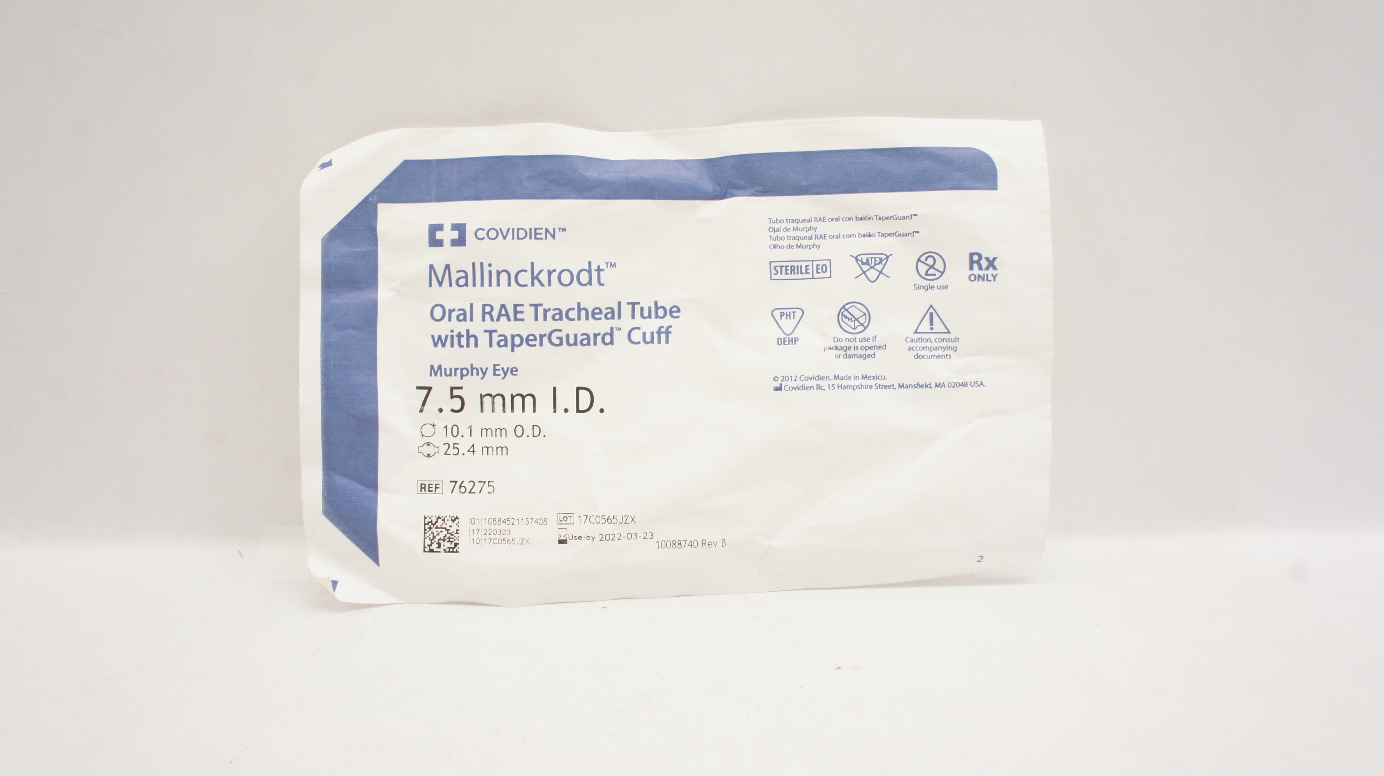 Covidien 76275 Mallinckrodt Oral RAE Tracheal Tube 7.5 ID x 10.1 OD x