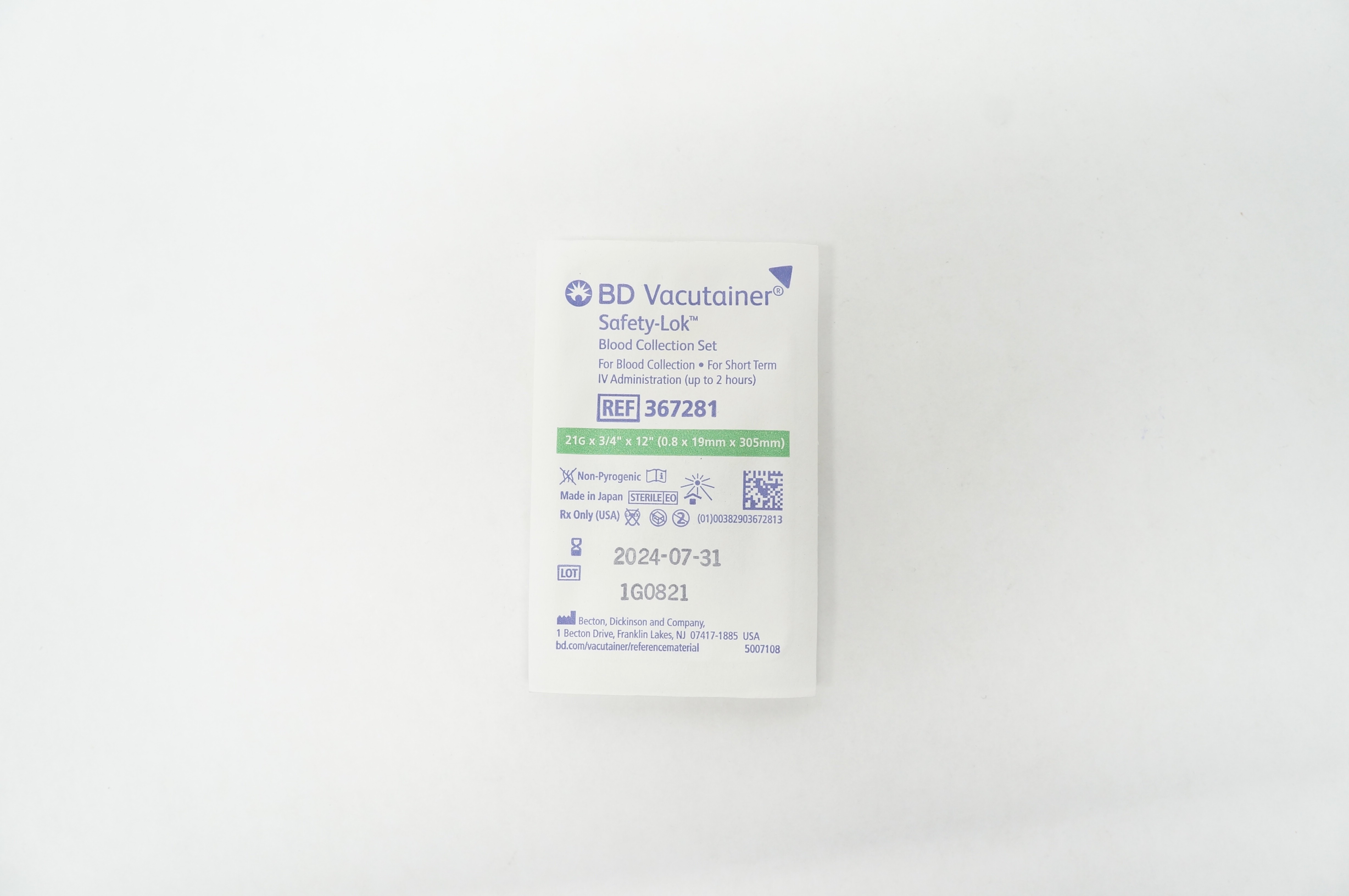BD 367281 Vacutainer Safety-Lok Blood Collection Set 21G x 3/4inch x 12inch