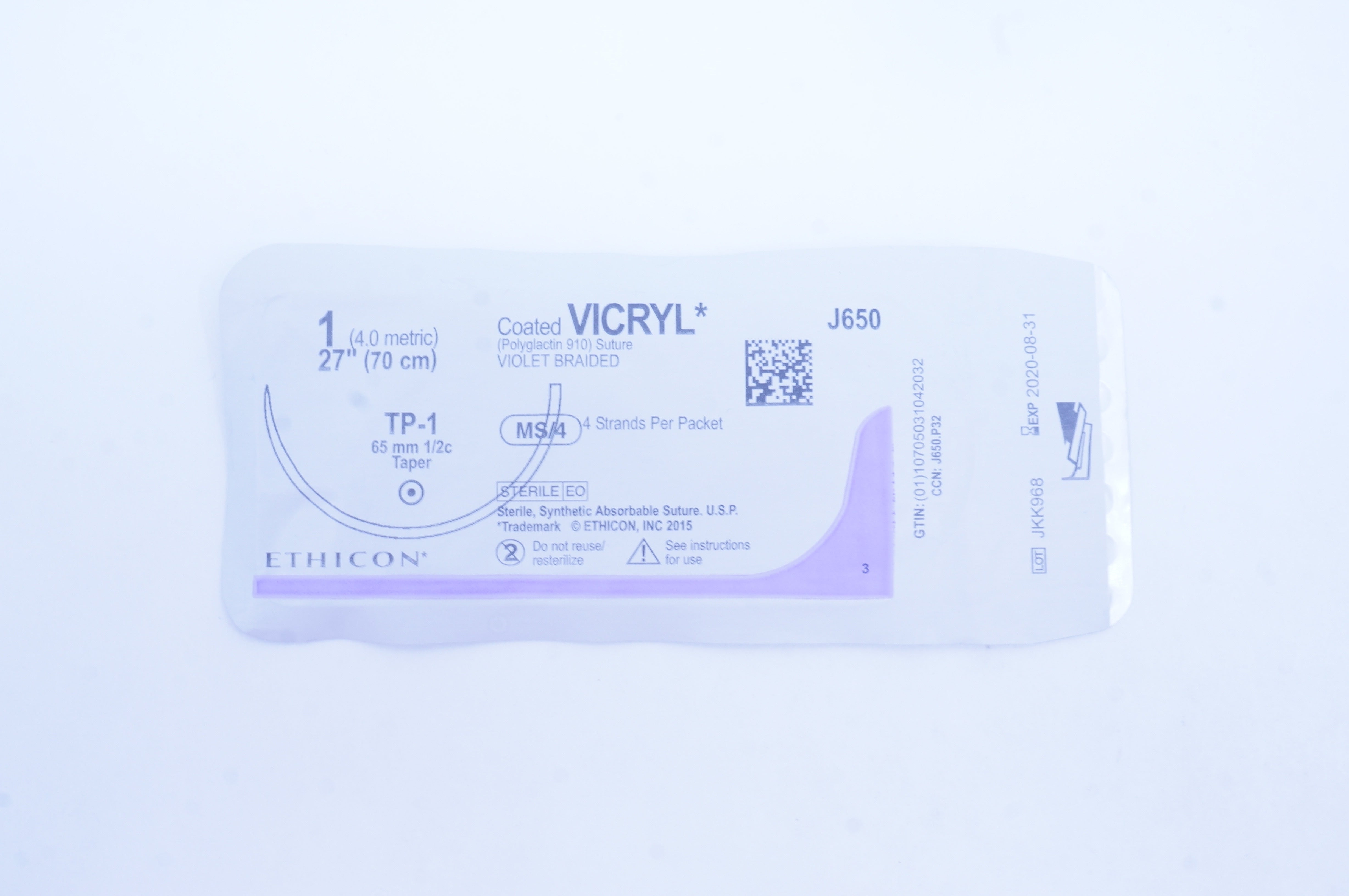 Ethicon J650 1 Coated VICRYL TP-1 65 mm 1/2c Taper MS/4, 27 inch (x)
