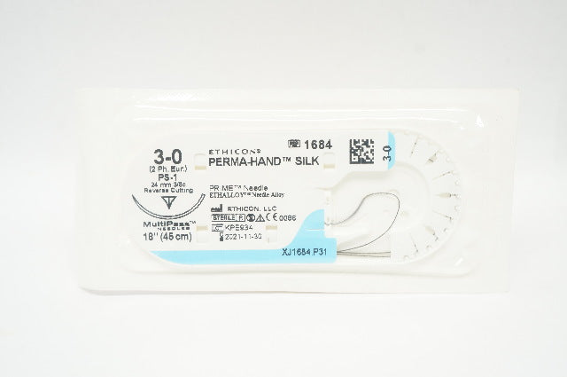 Ethicon 1684 3-0 Perma-Hand Silk Stre PS-1 24mm 3/8c Reverse Cutting, 18 in. (x)
