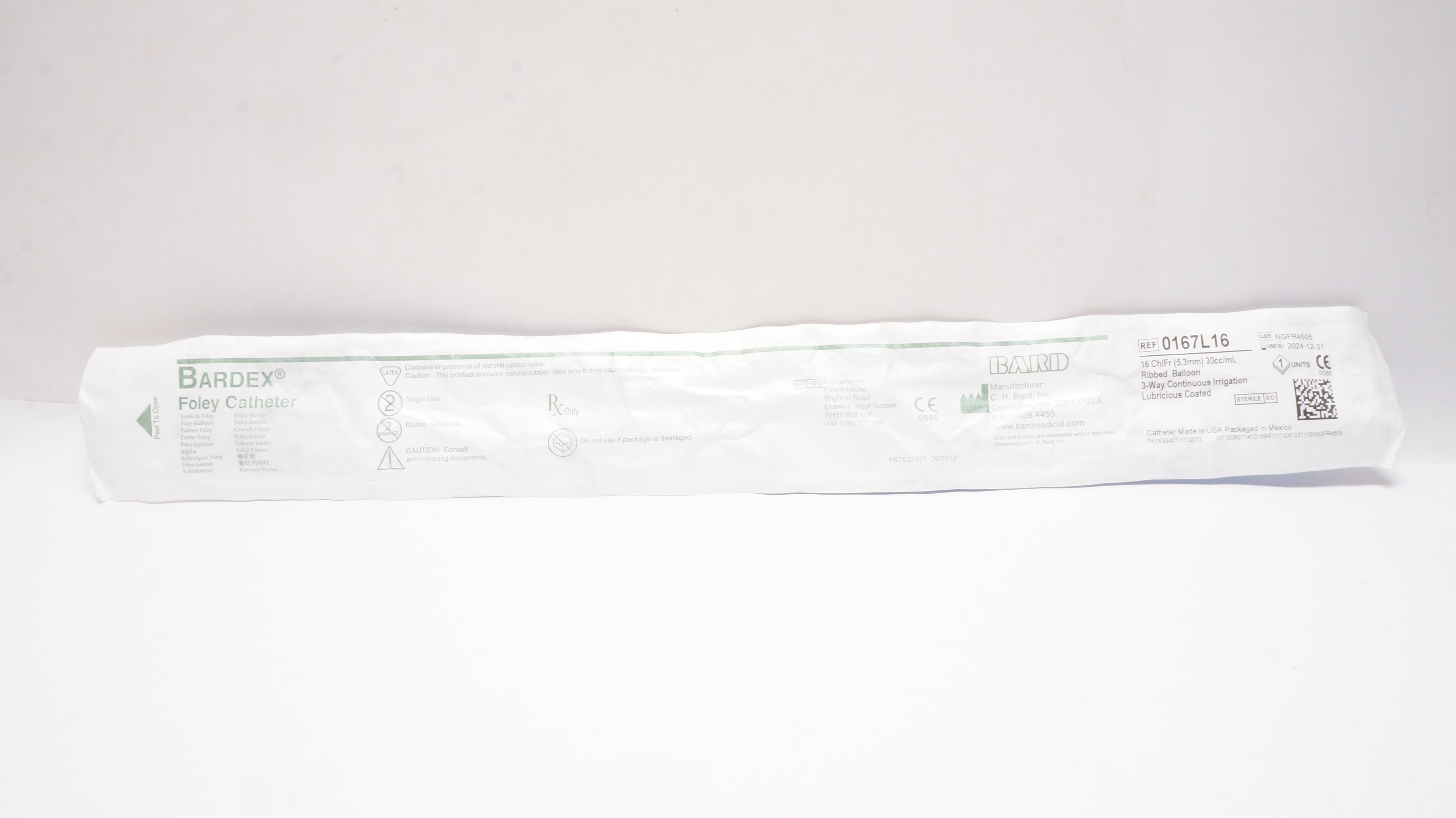 Bard 0167L16 Bardex Foley Catheter 16Fr 30cc Ribbed Balloon