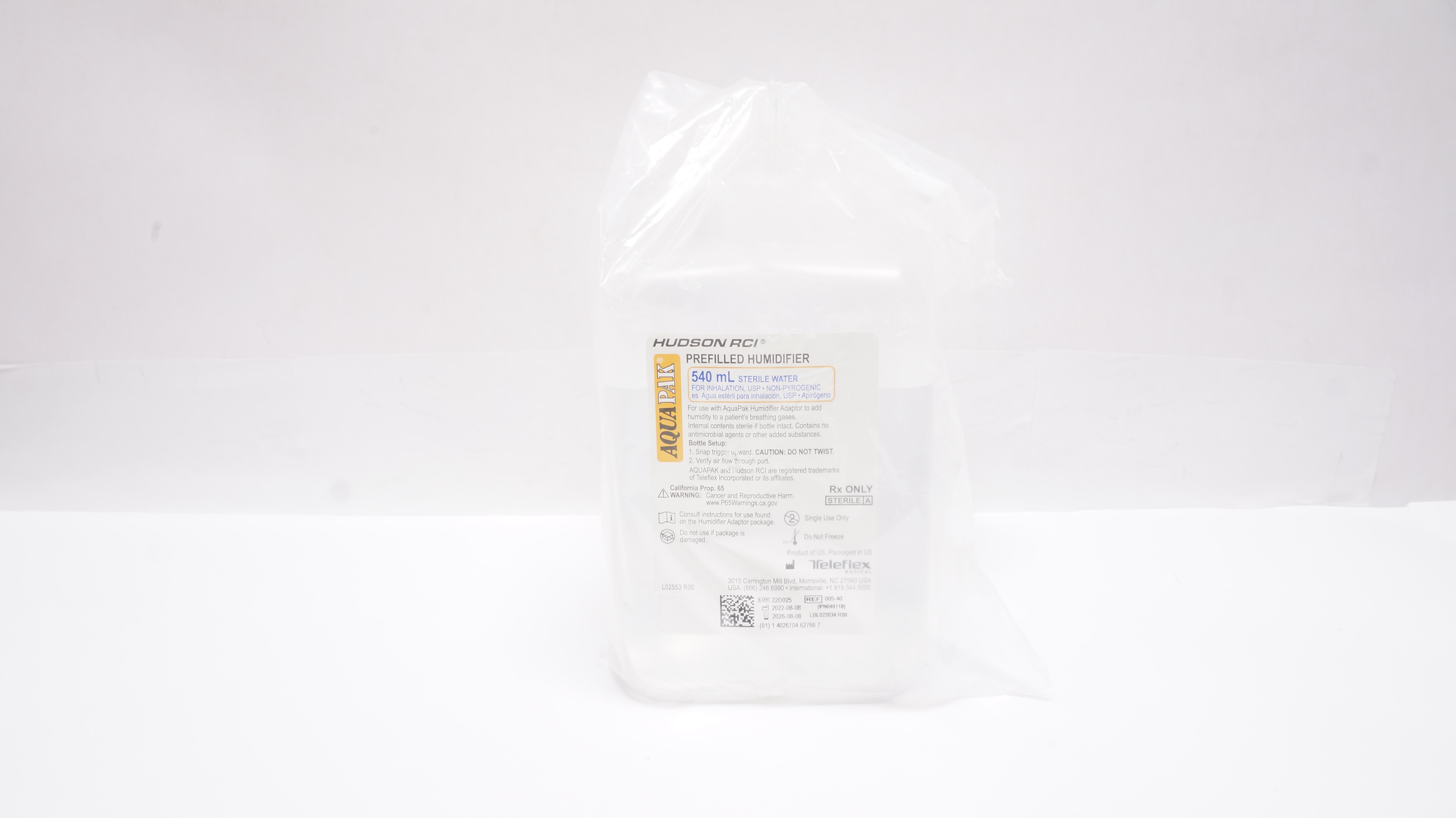 Teleflex 005-40 AquaPark Hudson RCI Prefilled Humidifier 540mL Sterile Water