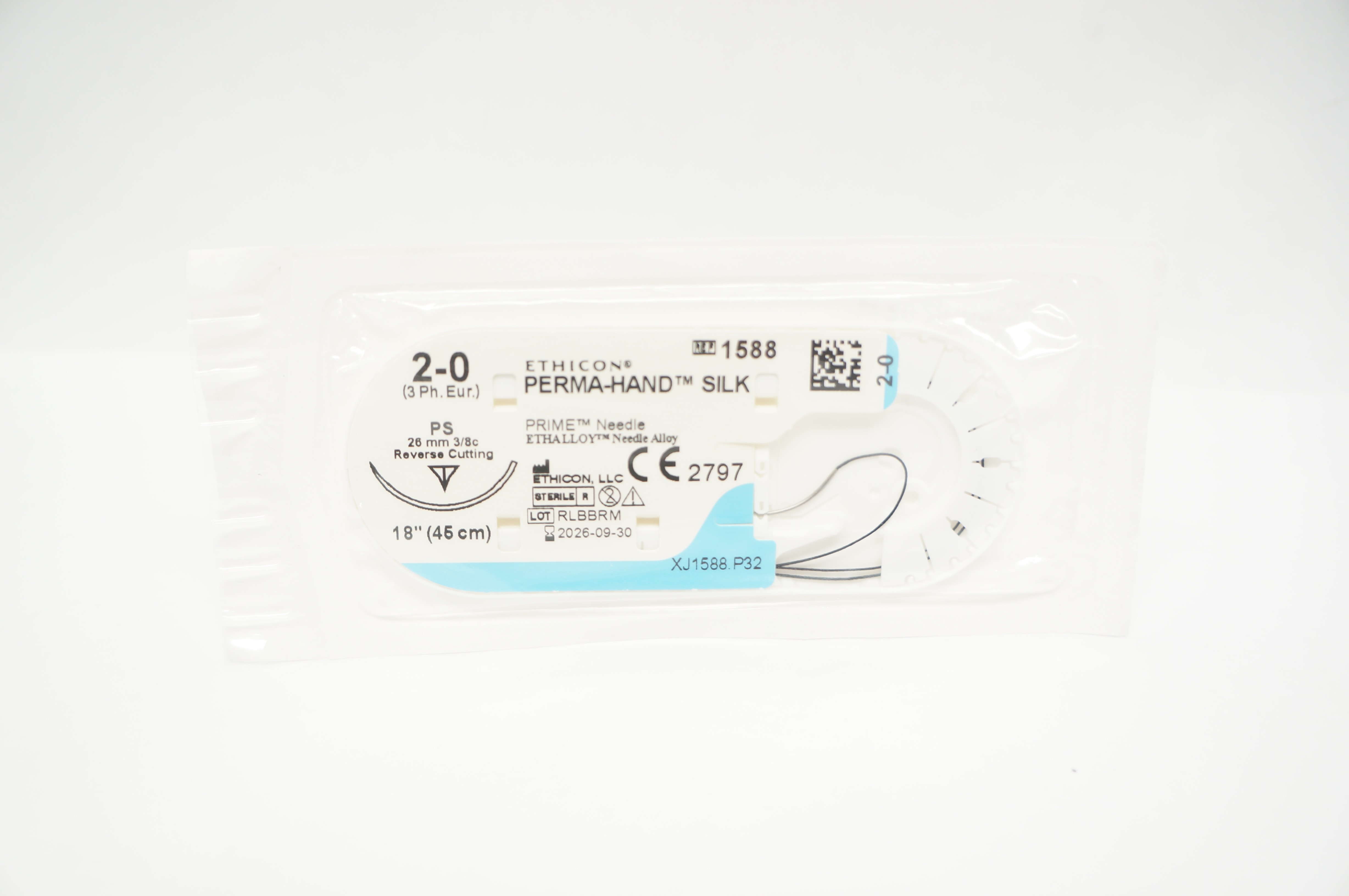 Ethicon 1588 2-0 PERMA-HAND SILK Stre PS 26mm 3/8c Reverse Cutting, 18inch